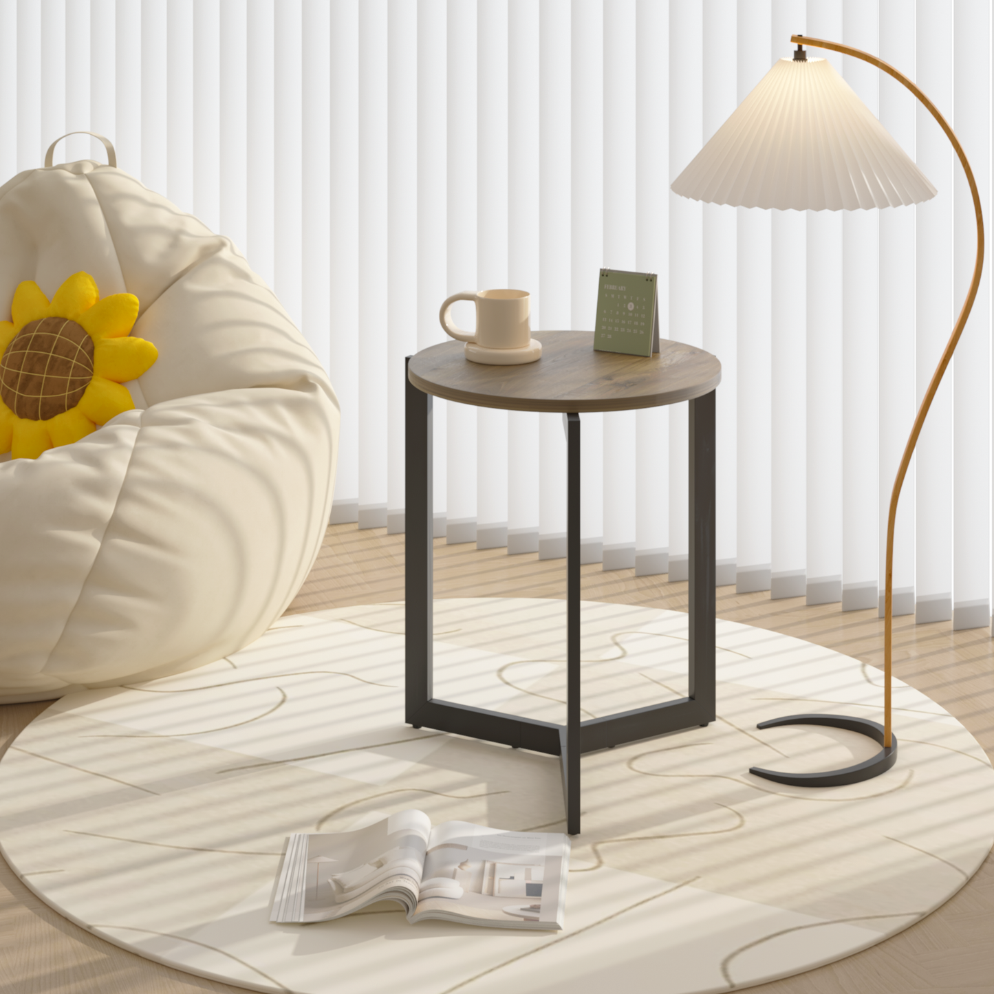 Beige bean bag chair with a sunflower pillow perfect for relaxing