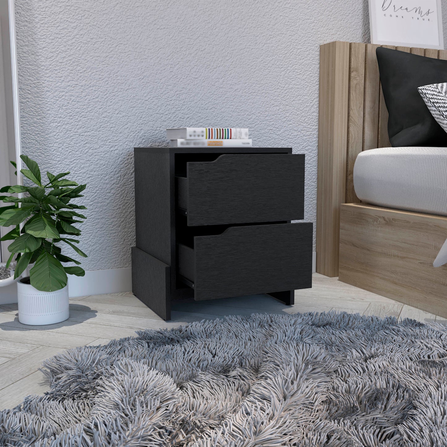 Black modern nightstand with two drawers and minimalist wood accent