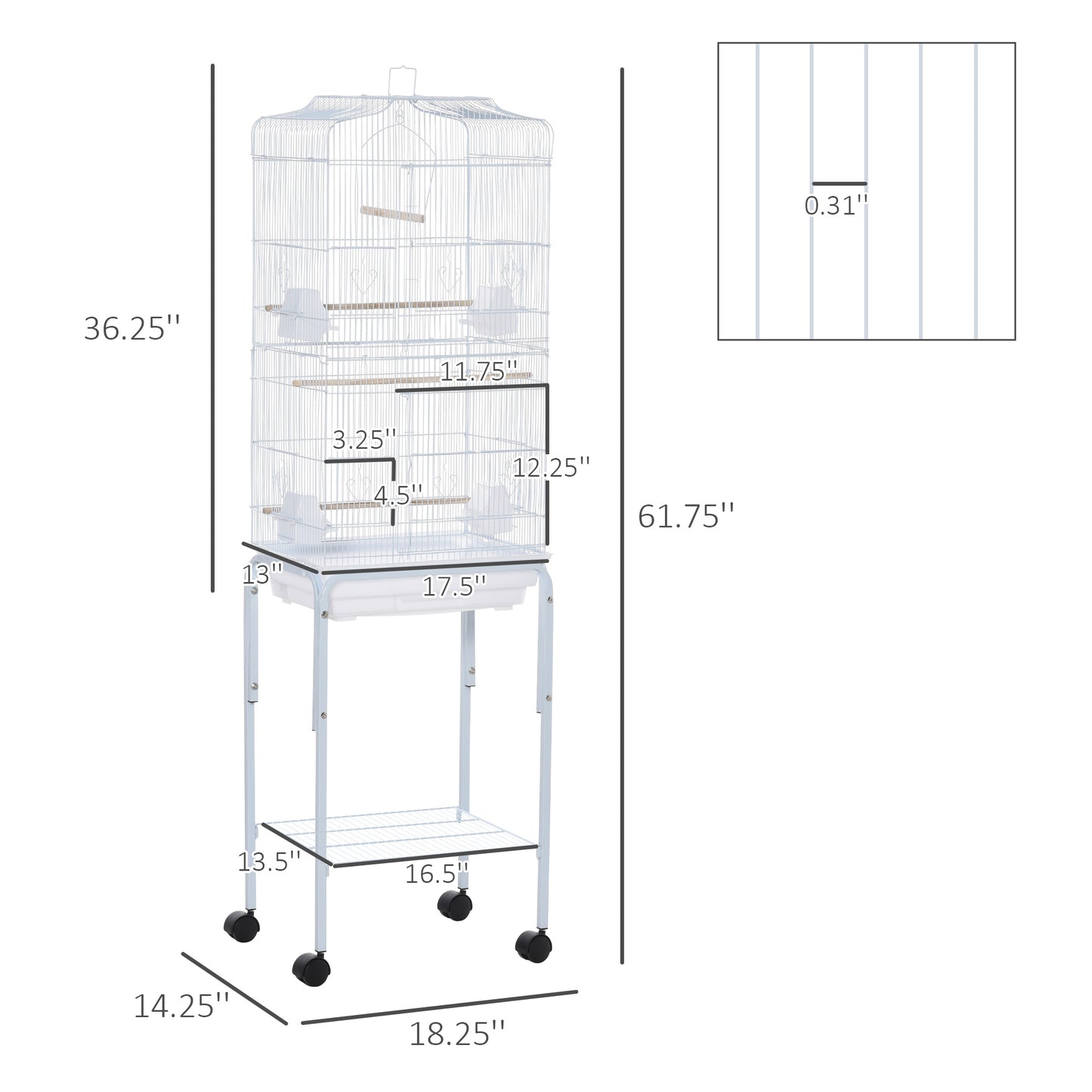White wire bird cage with stand multiple perches and a removable tray tall