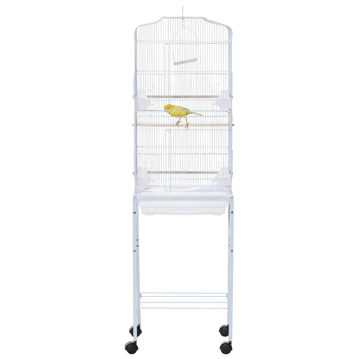 White tall bird cage with a yellow canary perched inside and wheeled stand