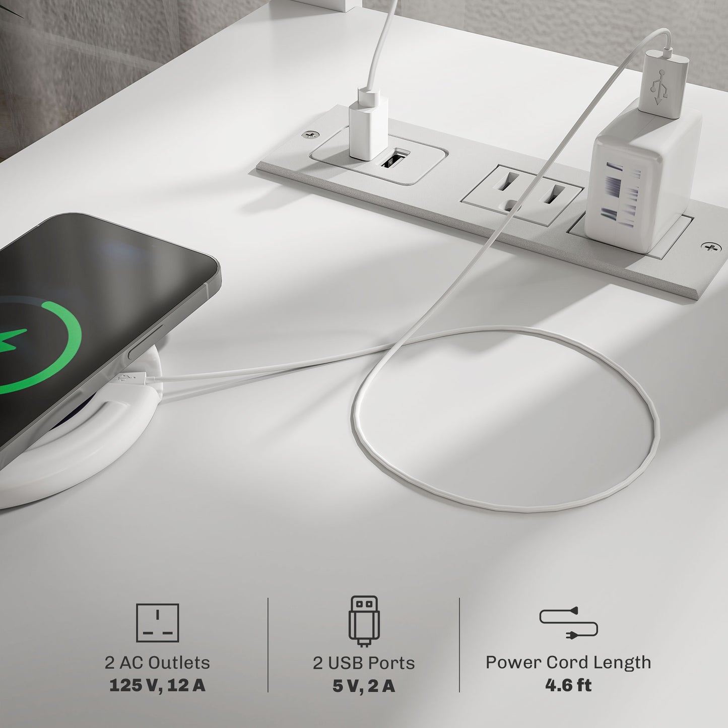 White flushmount power strip with AC outlets and USB ports charging a smartphone