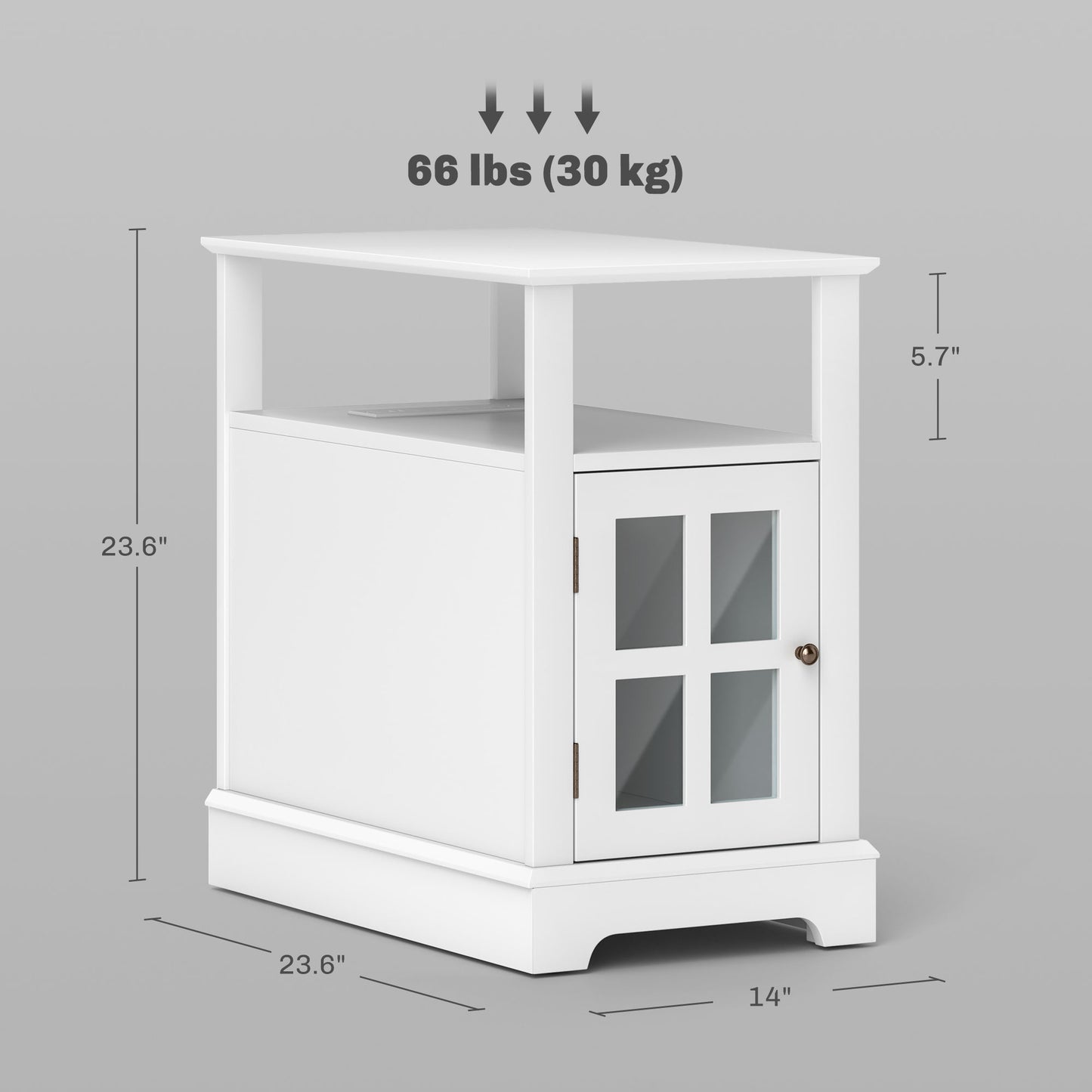 White corner accent table with a glass paneled door and open shelf