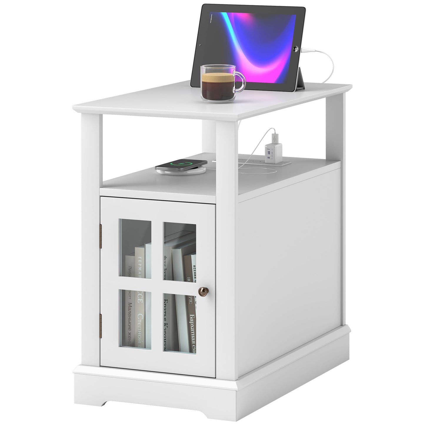 White accent table with builtin charging station and glassdoor cabinet for books