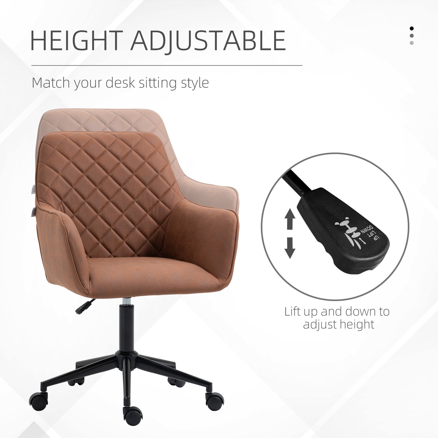 Quilted brown faux leather office chair with height adjustable lever