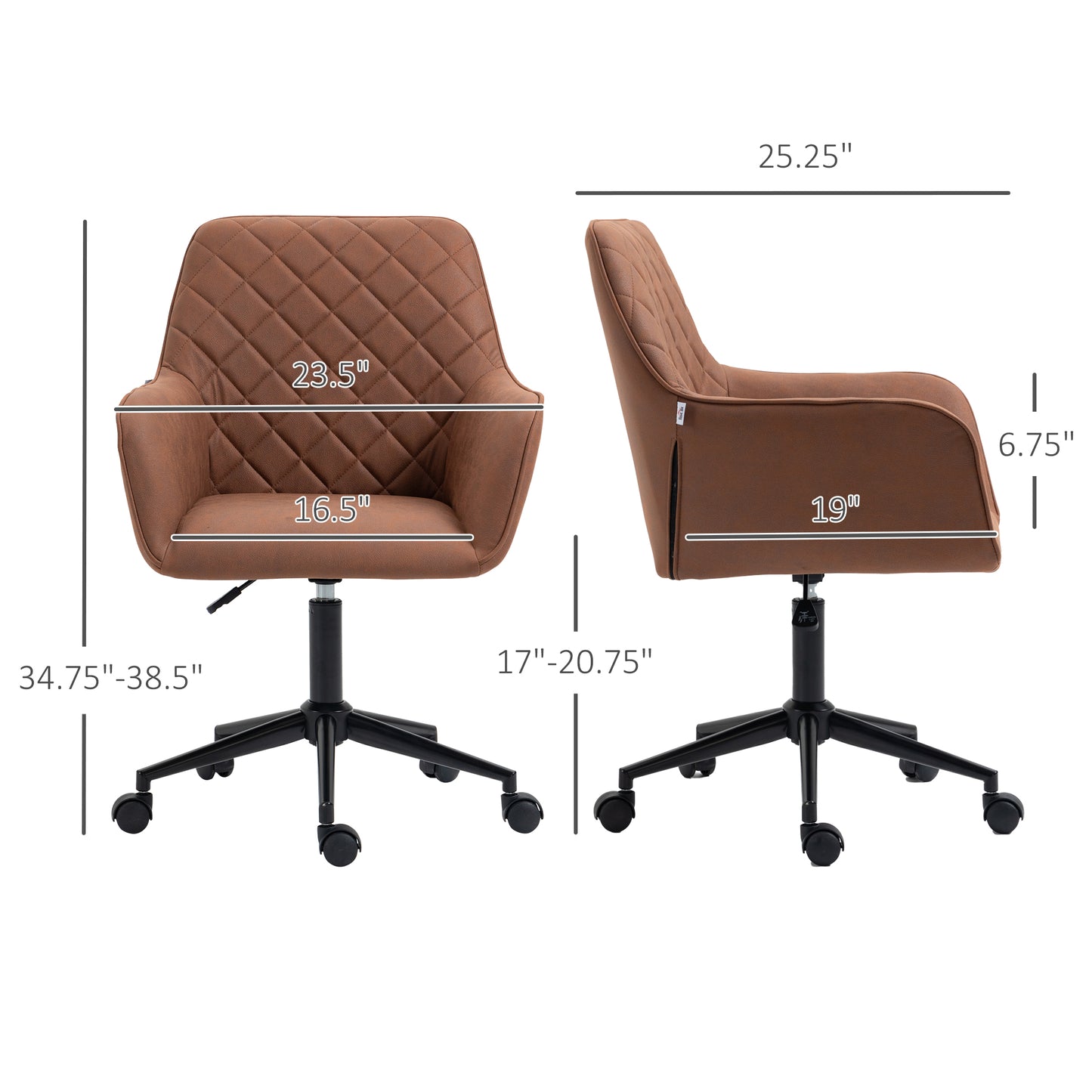 Brown quilted armchair with black rolling base ideal for home office