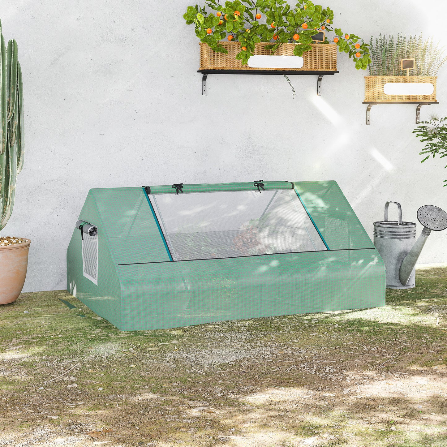 Green portable greenhouse with rollup vents for outdoor gardening