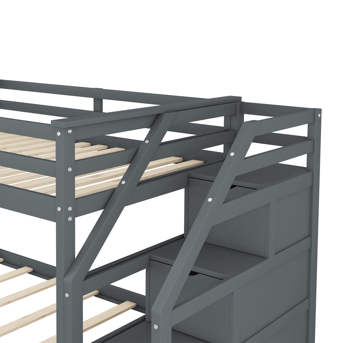 Closeup of a gray wooden twin over twin bunk bed with integrated stairs and storage
