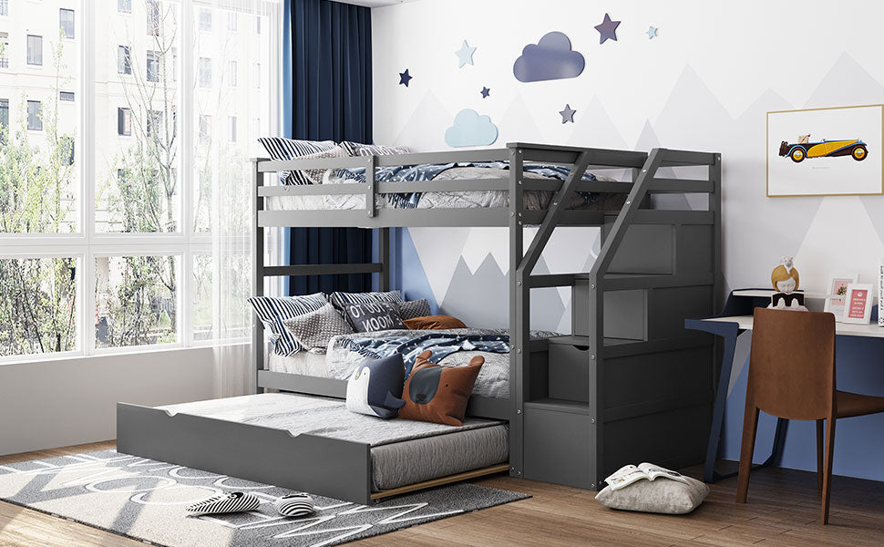 Dark gray wood bunk bed with stairs and pullout trundle for kids room