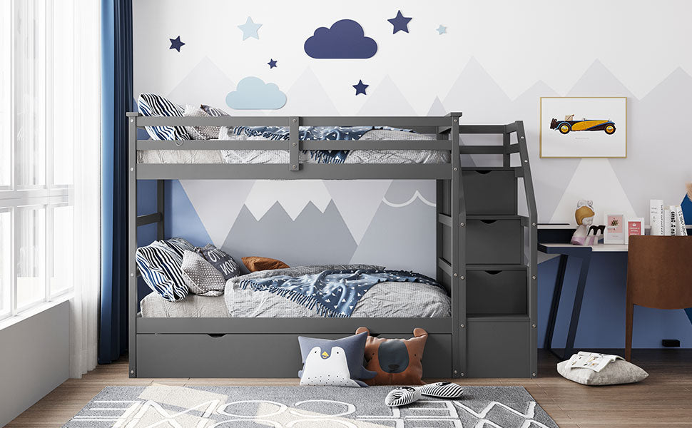 Gray wooden bunk bed with integrated drawers and ladder for kids
