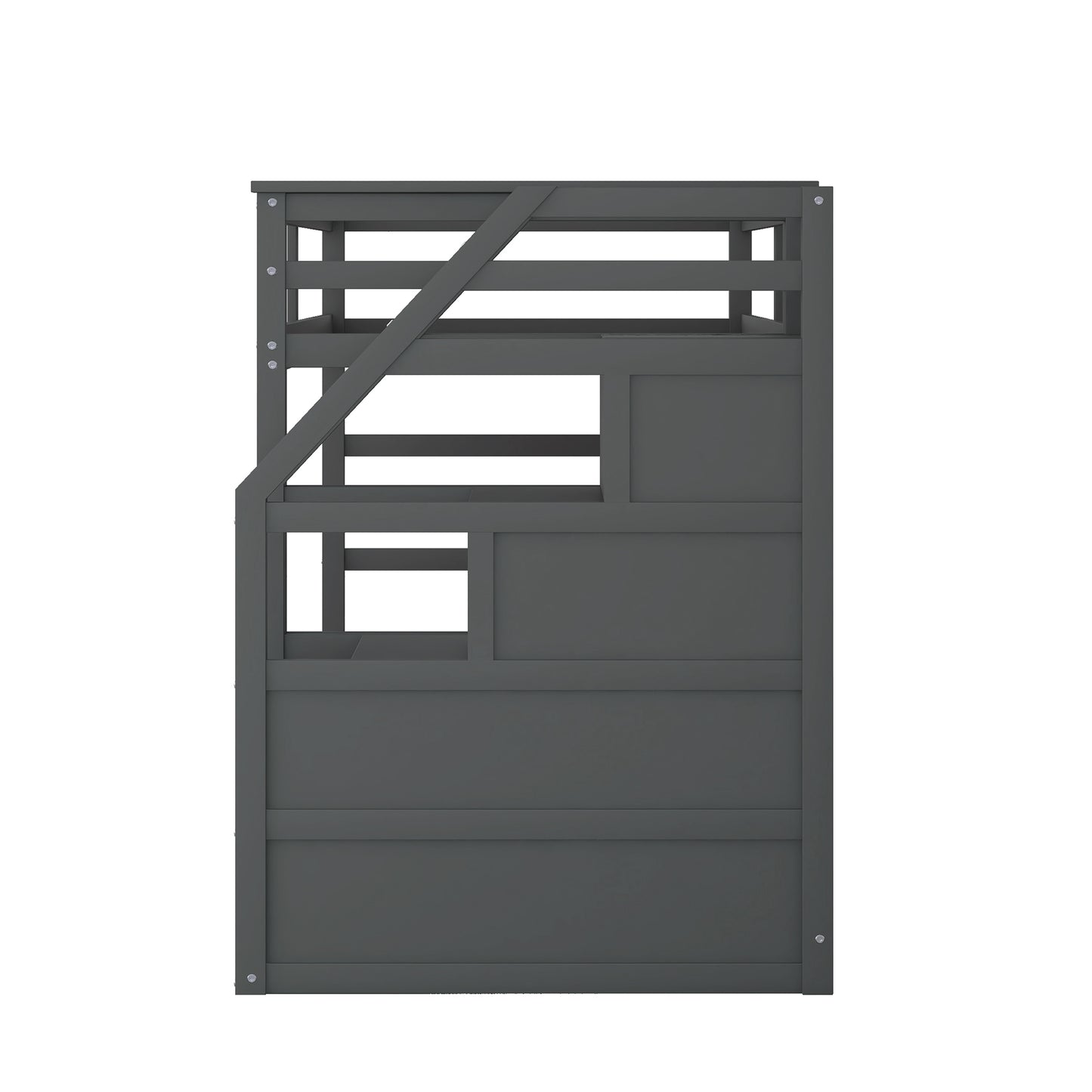 Gray wooden bunk bed with ladder and safety rails for childrens room