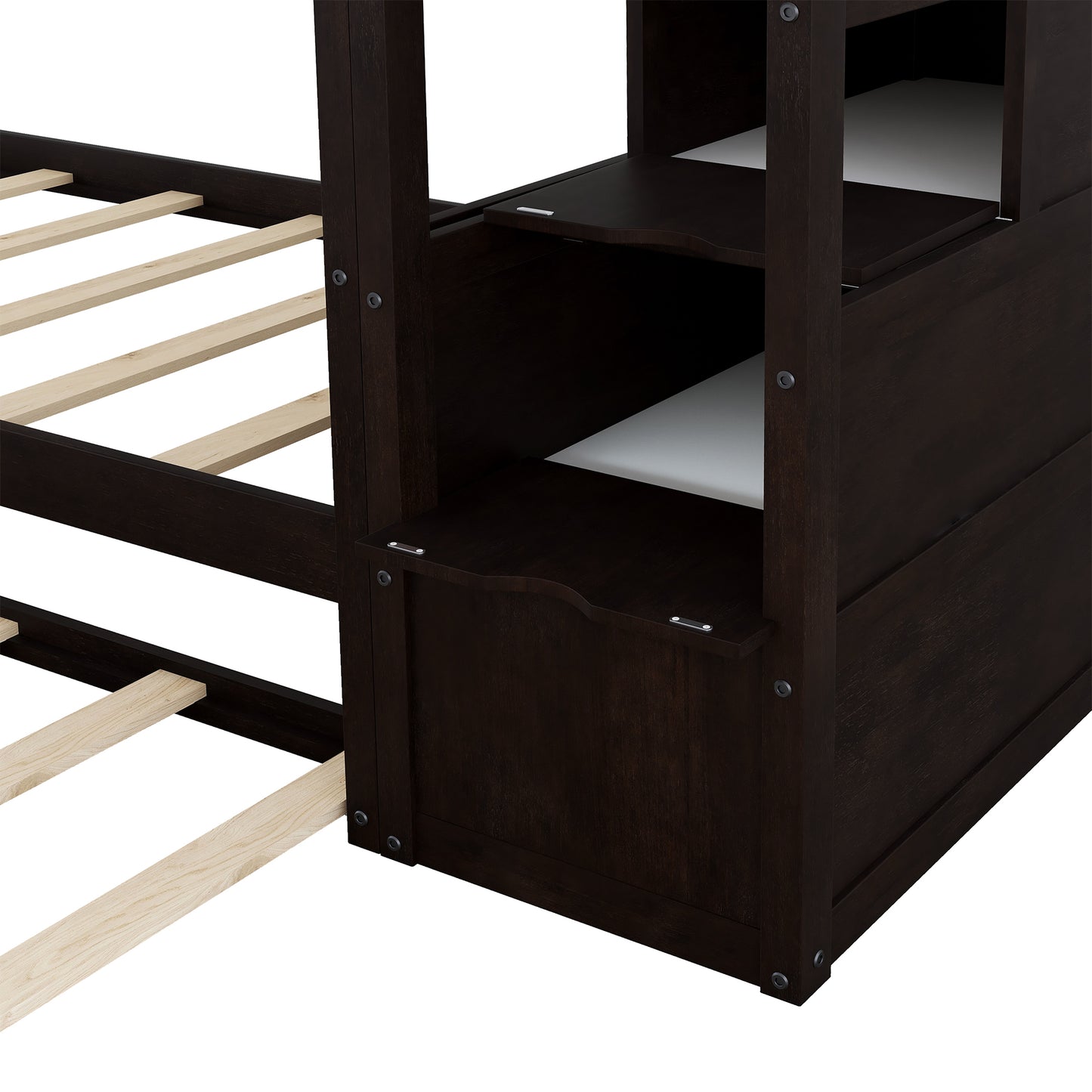 Dark espresso bunk bed with sturdy wooden slats and integrated storage shelves