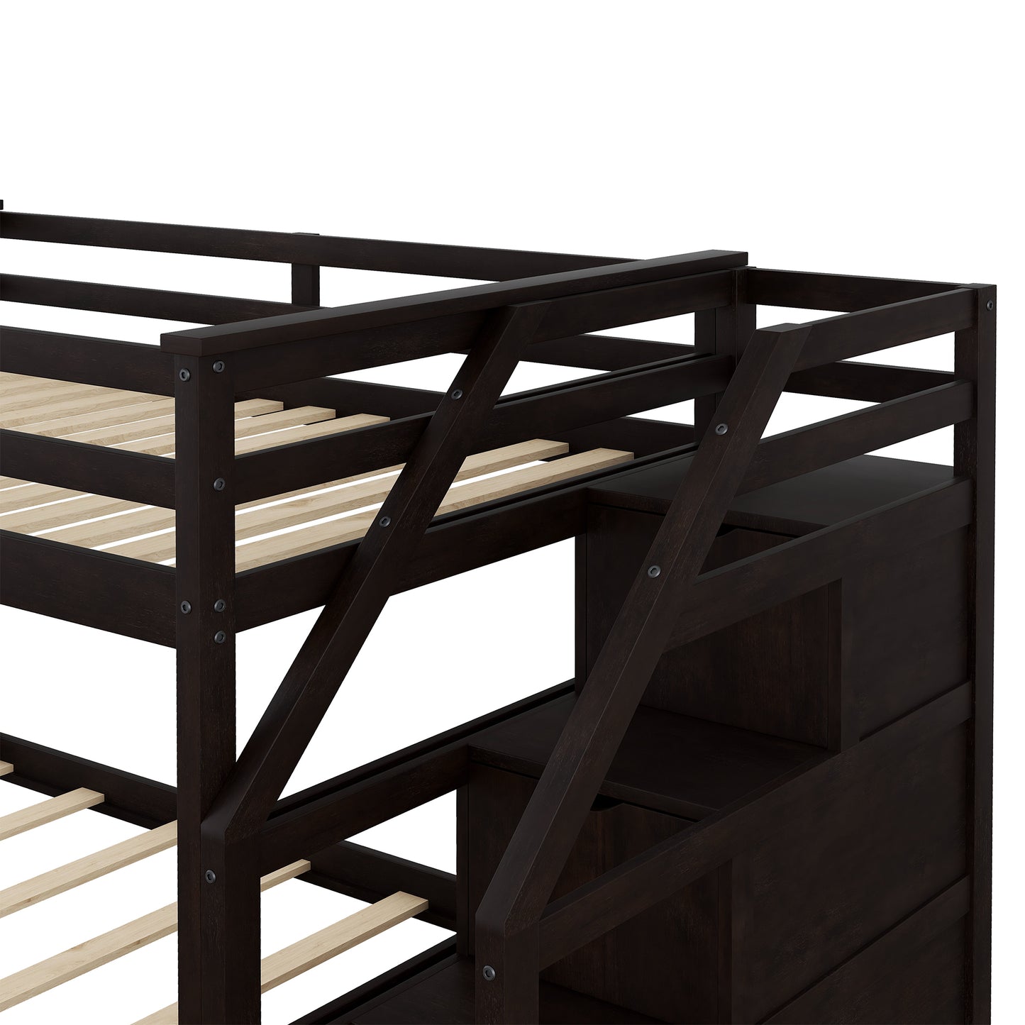 Dark espresso bunk bed frame with integrated storage stairs and wooden slats Ideal for kids rooms