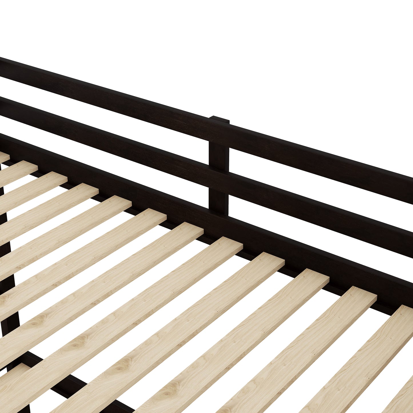 Dark espresso wooden bed frame with natural wood slats for mattress support