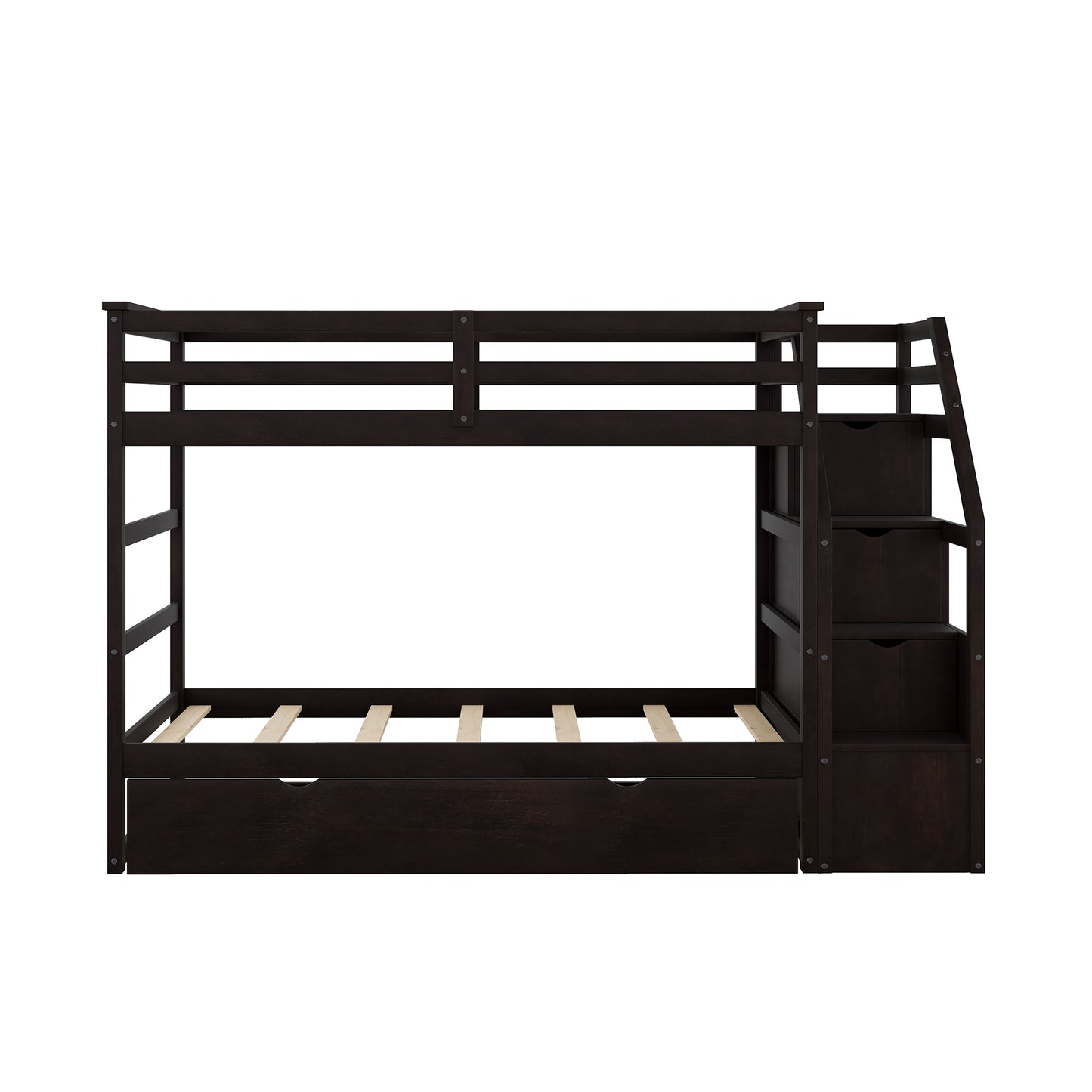 Dark brown wooden bunk bed with integrated stairs and storage drawers