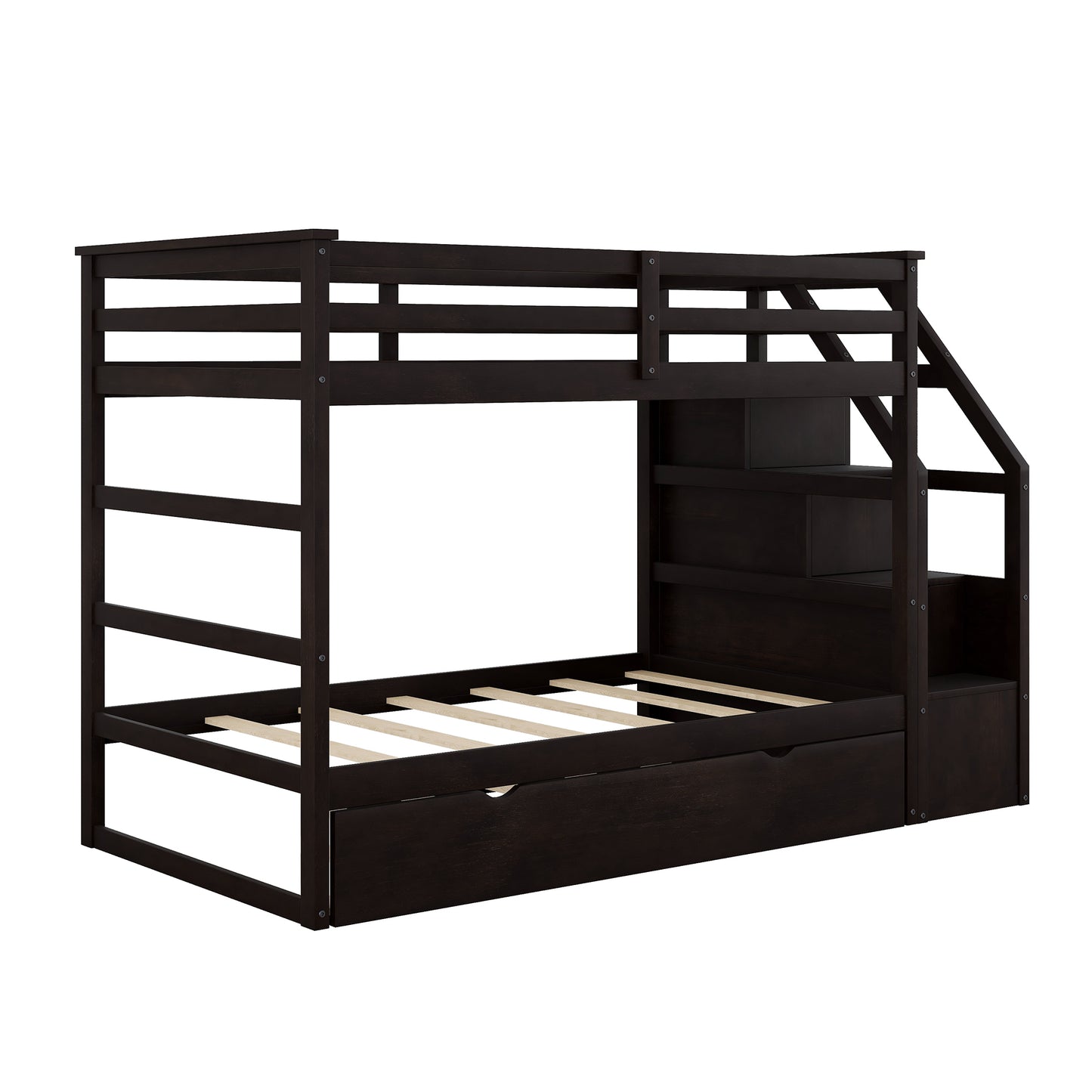 Dark espresso twin over twin bunk bed with stairs and storage drawer