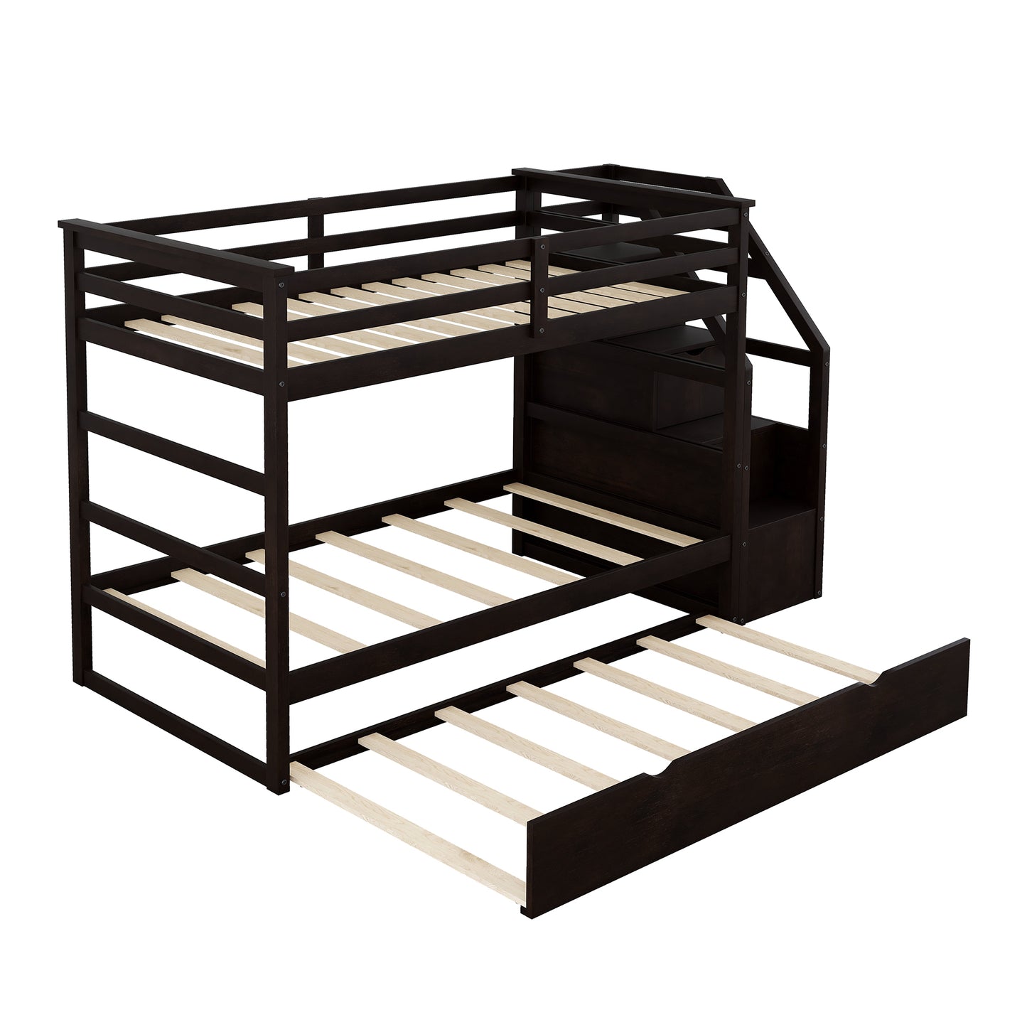 Dark espresso triple bunk bed with stairs and pullout trundle for childrens room