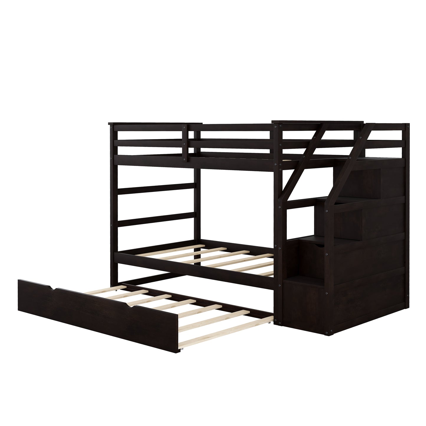 Dark espresso wood triple bunk bed with stairs and trundle
