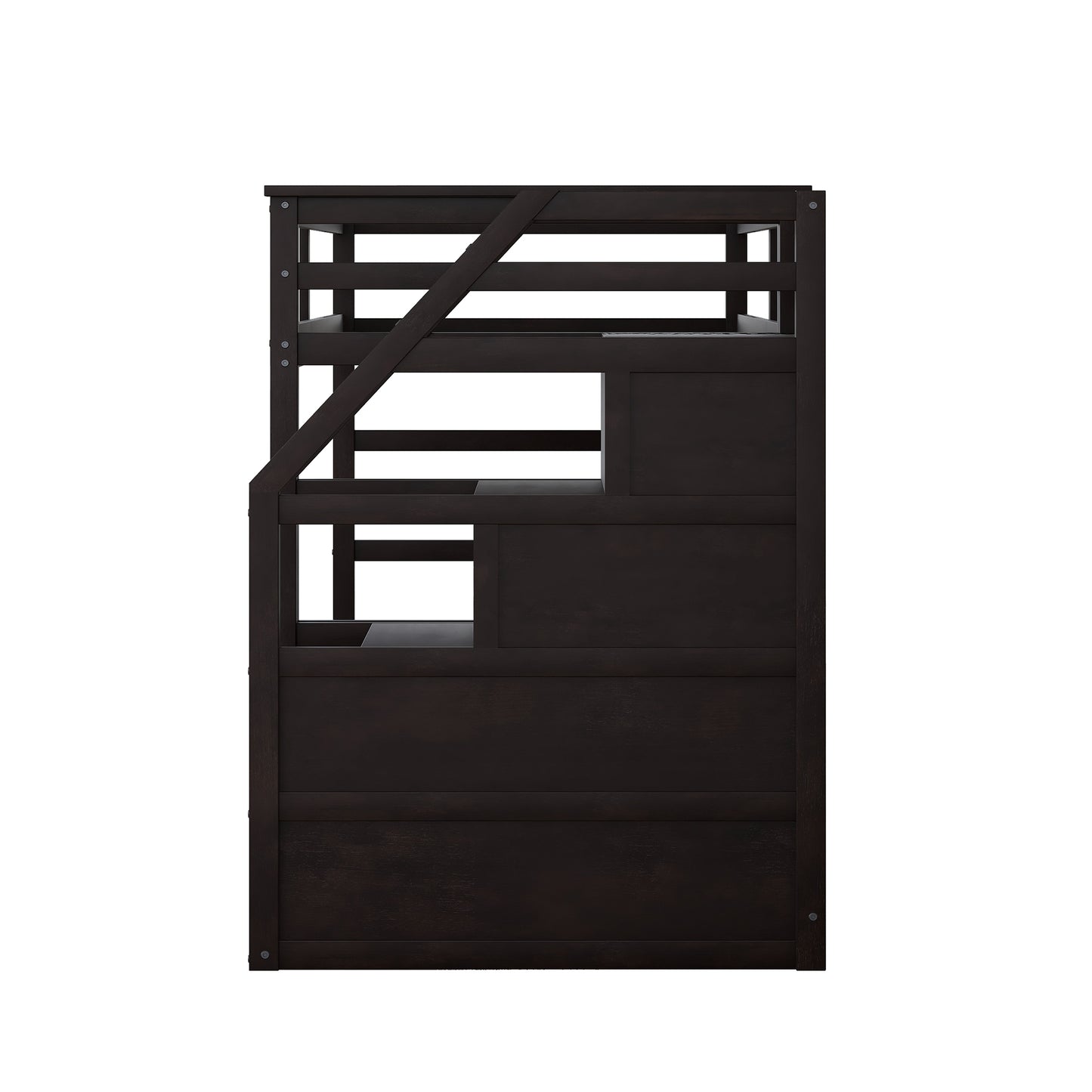 Dark wood loft bed with integrated staircase and storage compartments