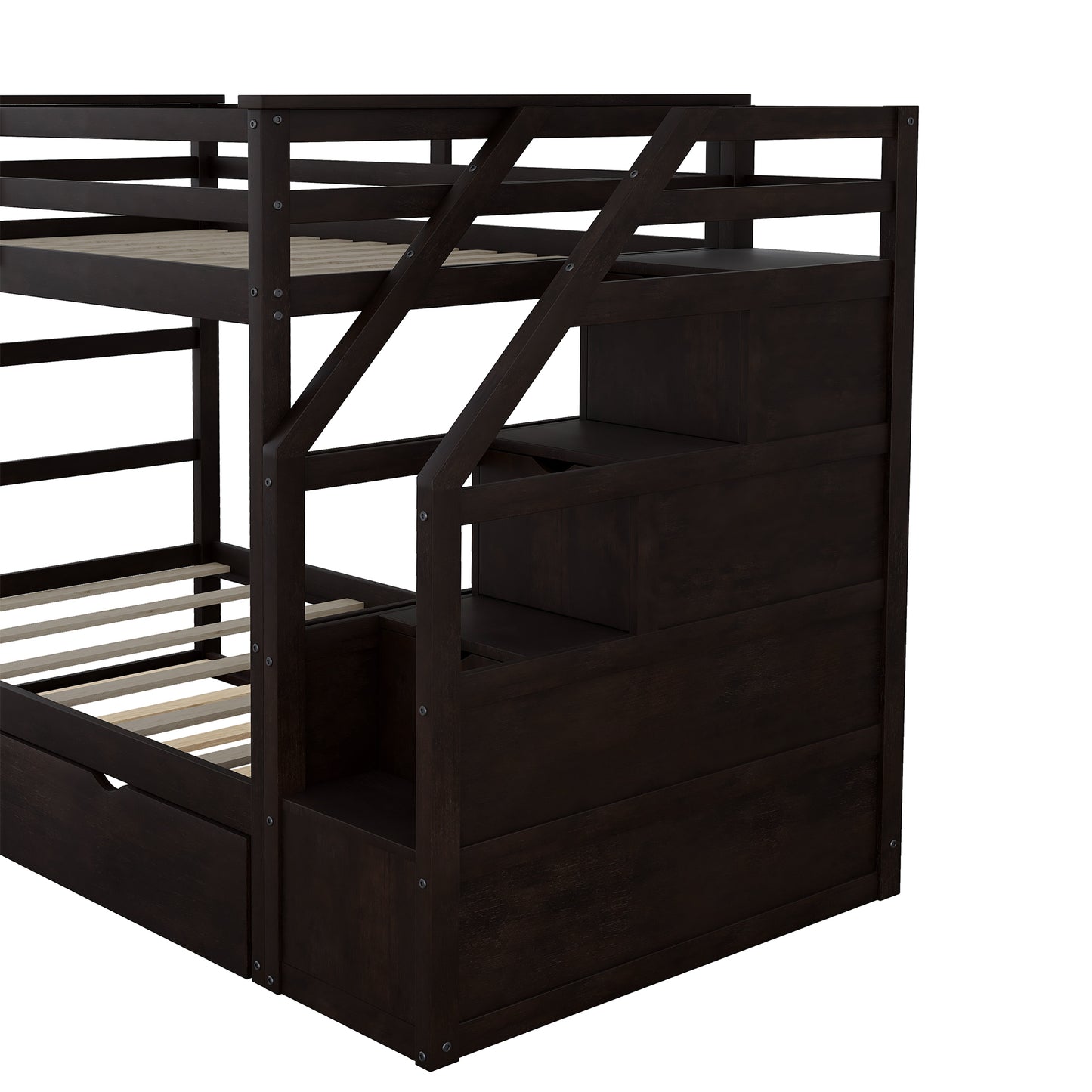 Dark brown wooden bunk bed with stairs and storage drawers