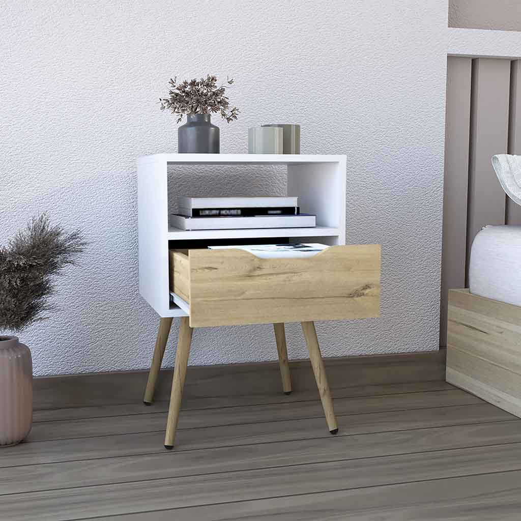 White modern nightstand with oak drawer and tapered legs a stylish bedroom accent