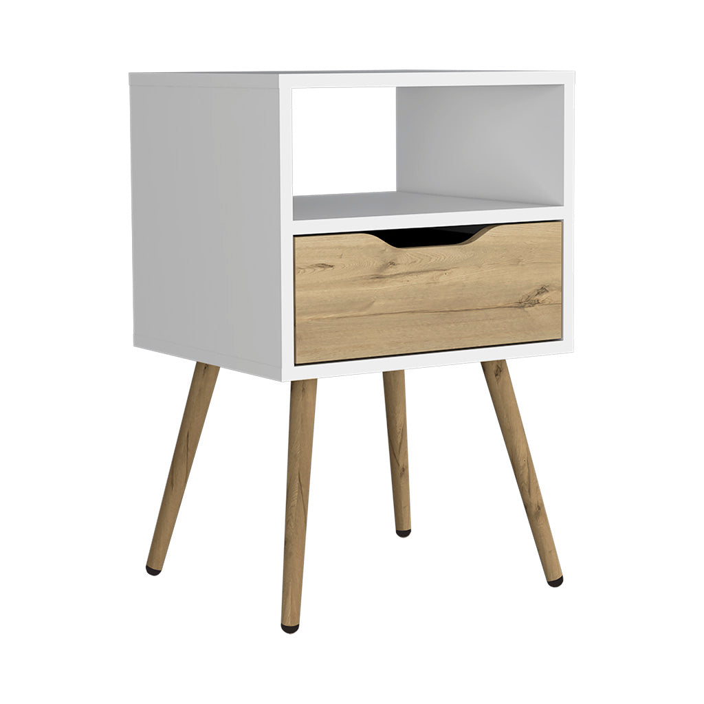 Modern white nightstand with oak drawer and tapered legs