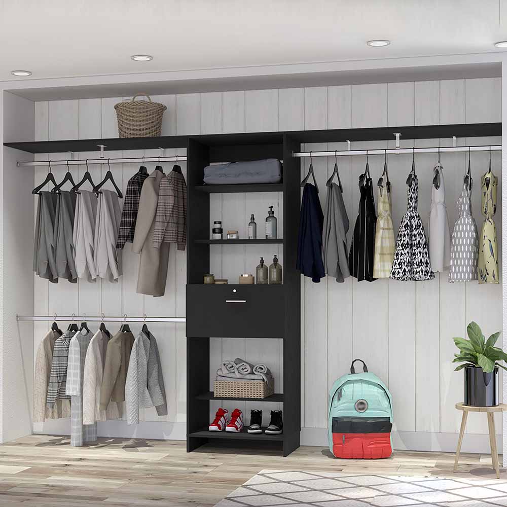 Black modular closet system with hanging clothes and shelves