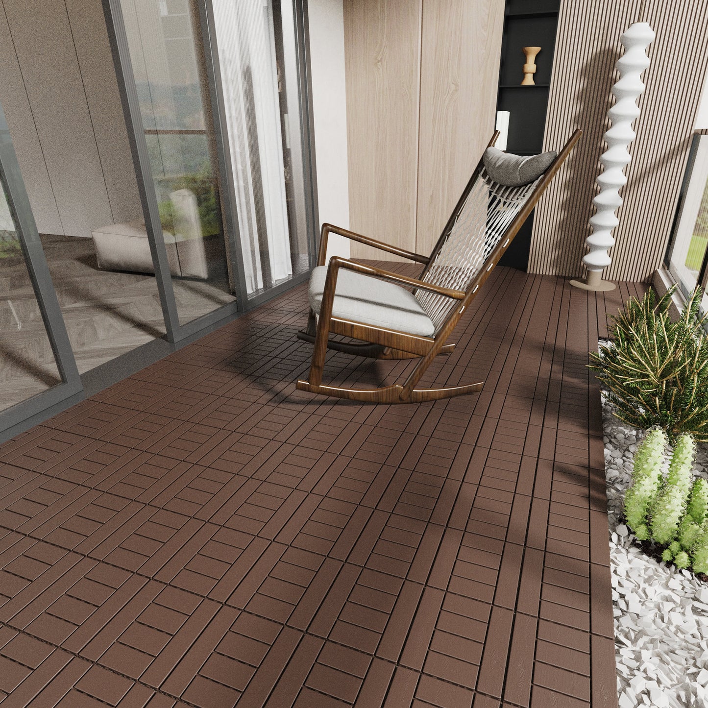 Modern patio deck tiles in rich brown creating a warm outdoor flooring
