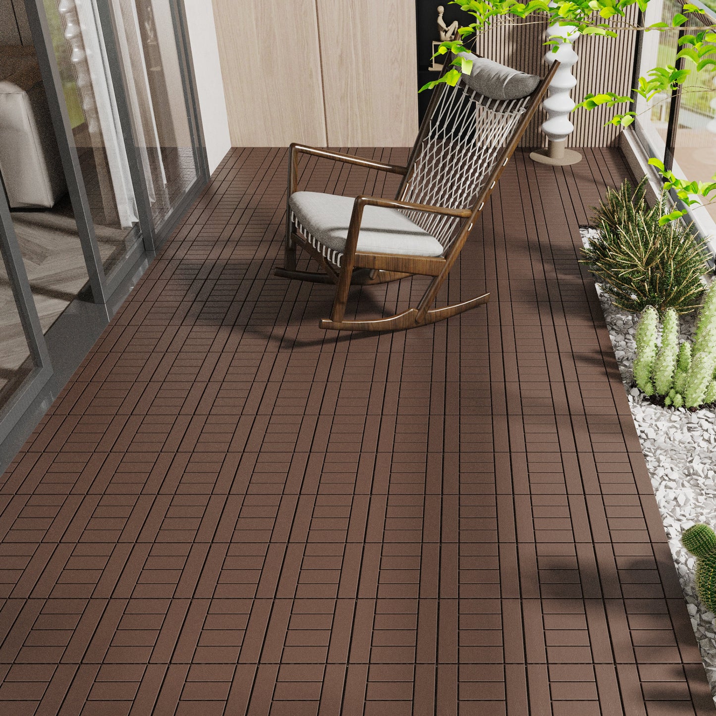 Dark brown interlocking wood deck tiles create a durable outdoor flooring solution