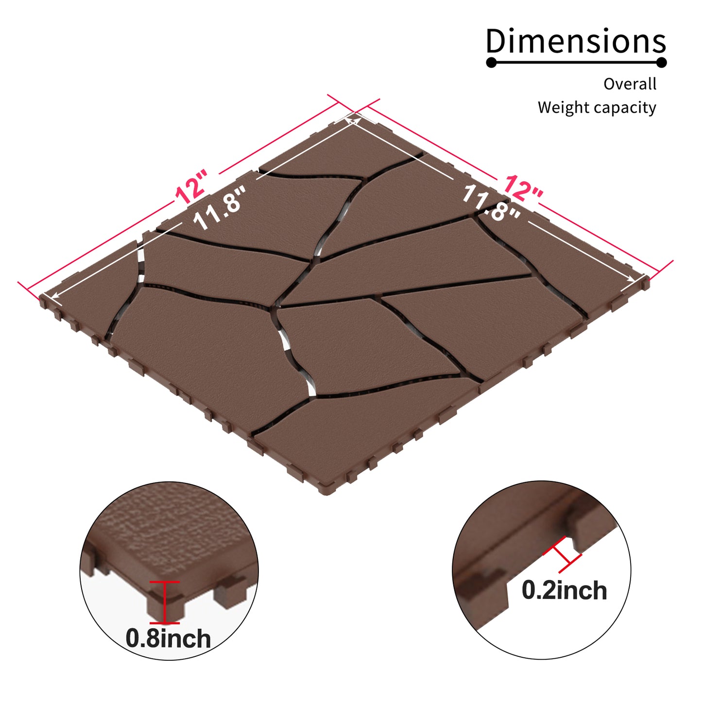 Brown interlocking deck tiles with cracked pattern x inches