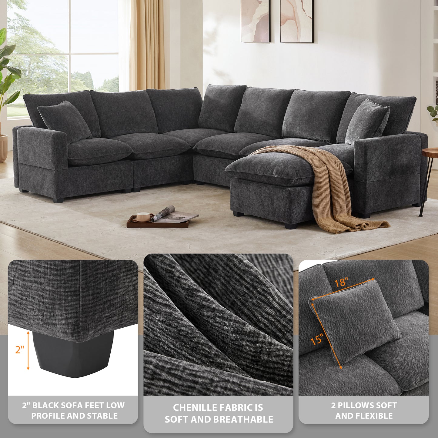 Deep charcoal chenille sectional sofa with plush cushions and a chaise lounge