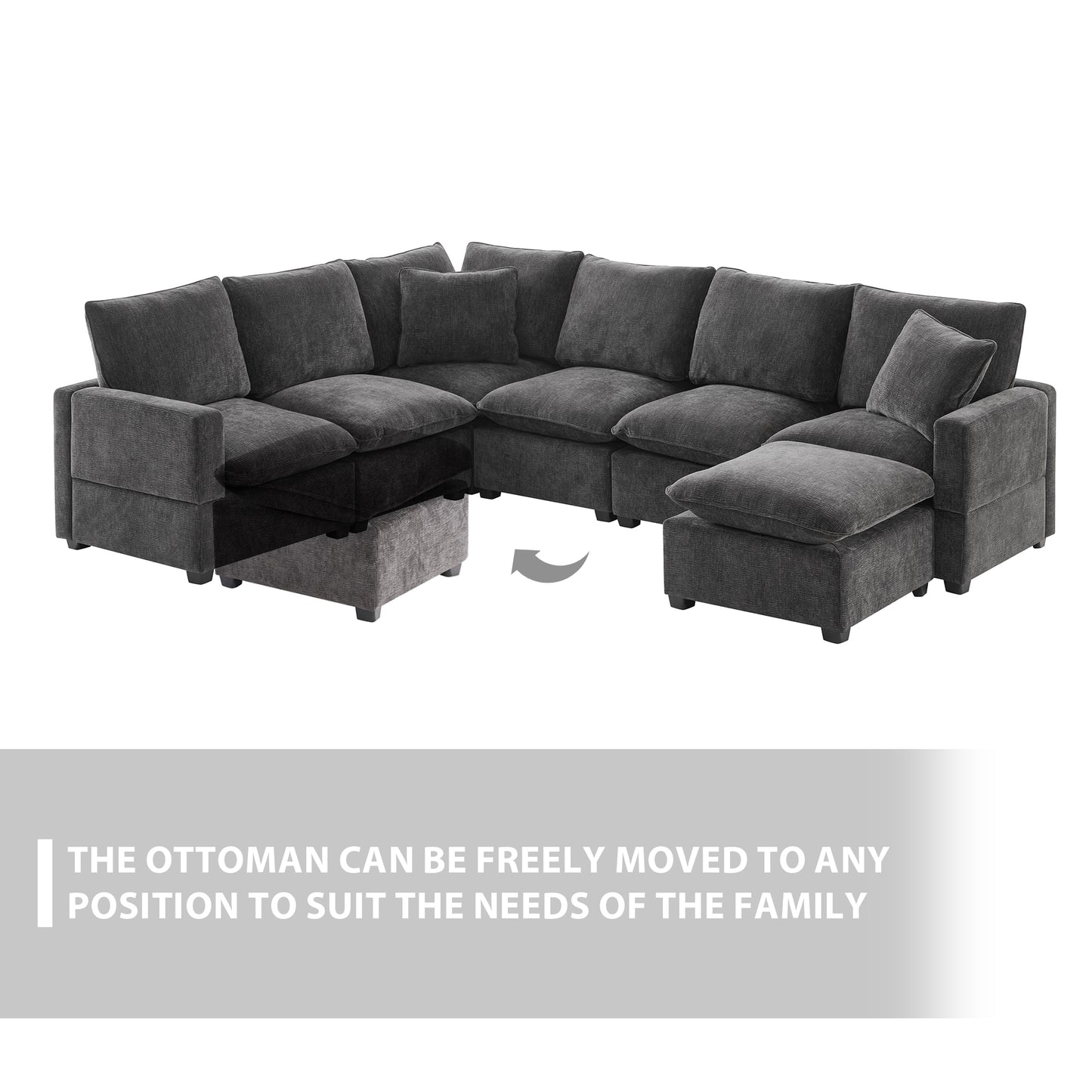 Dark gray modular sectional sofa with movable ottoman