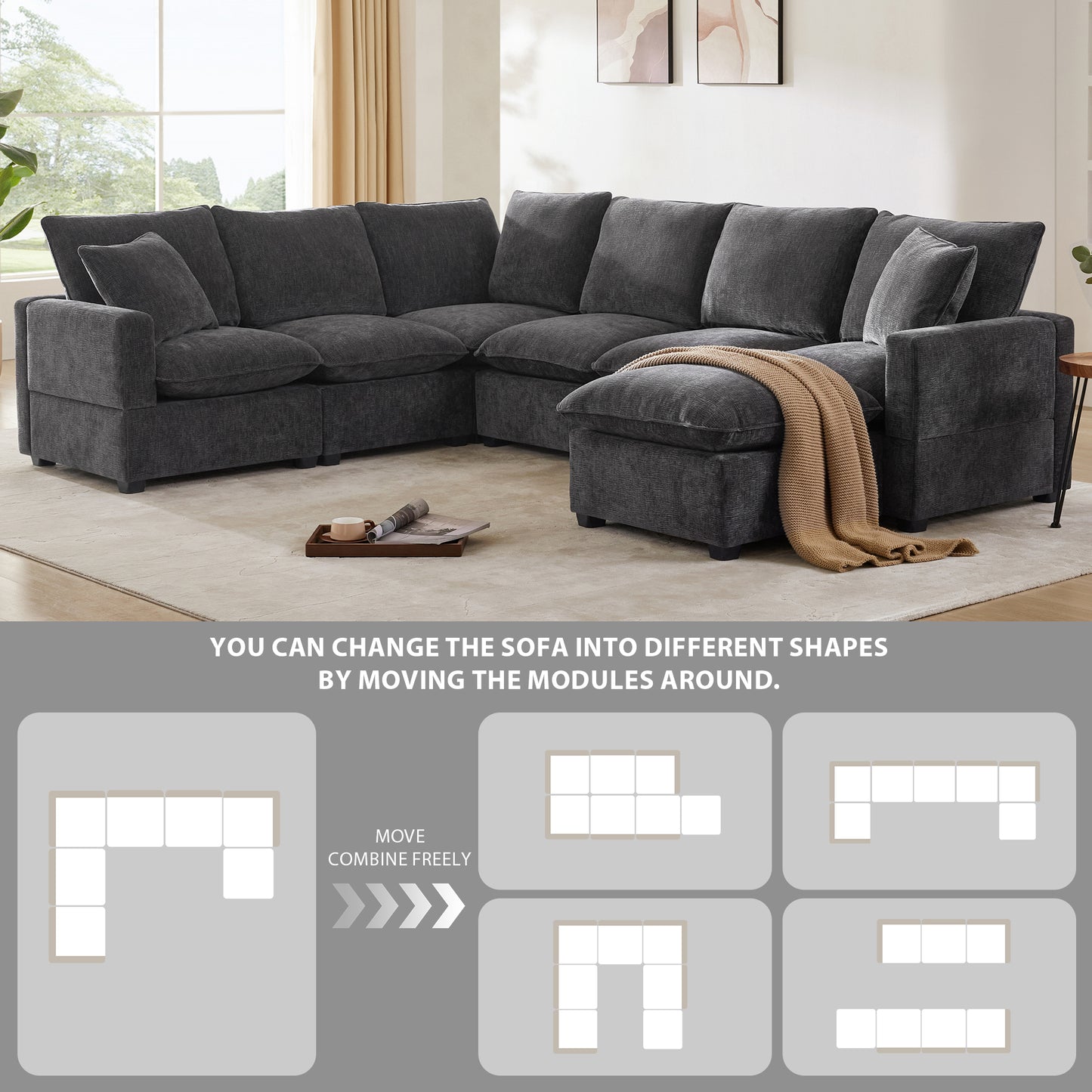 Dark gray modular sectional sofa with plush cushions and a tan throw blanket perfect for a living room