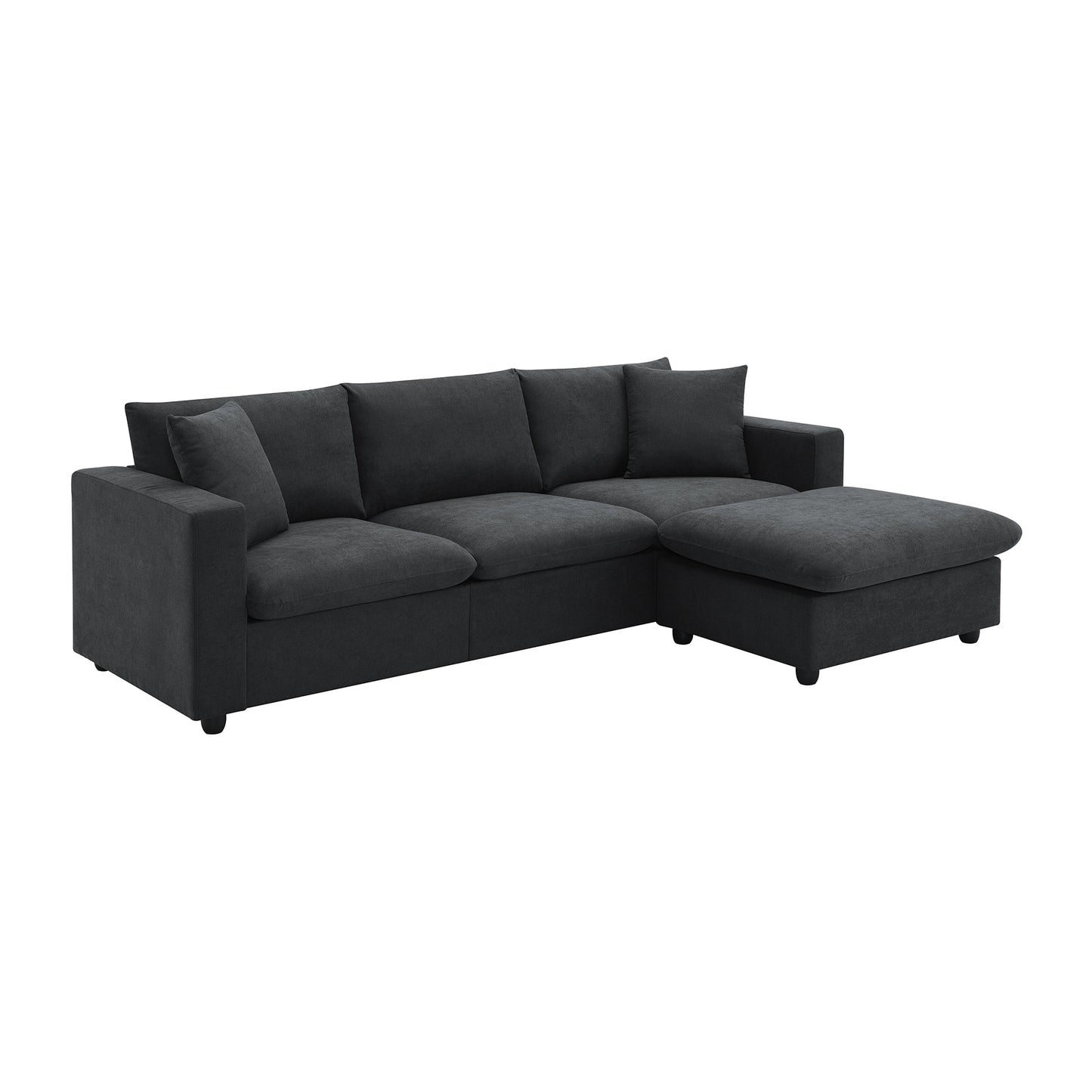 Dark charcoal fabric sectional sofa with chaise lounge and three plush back cushions