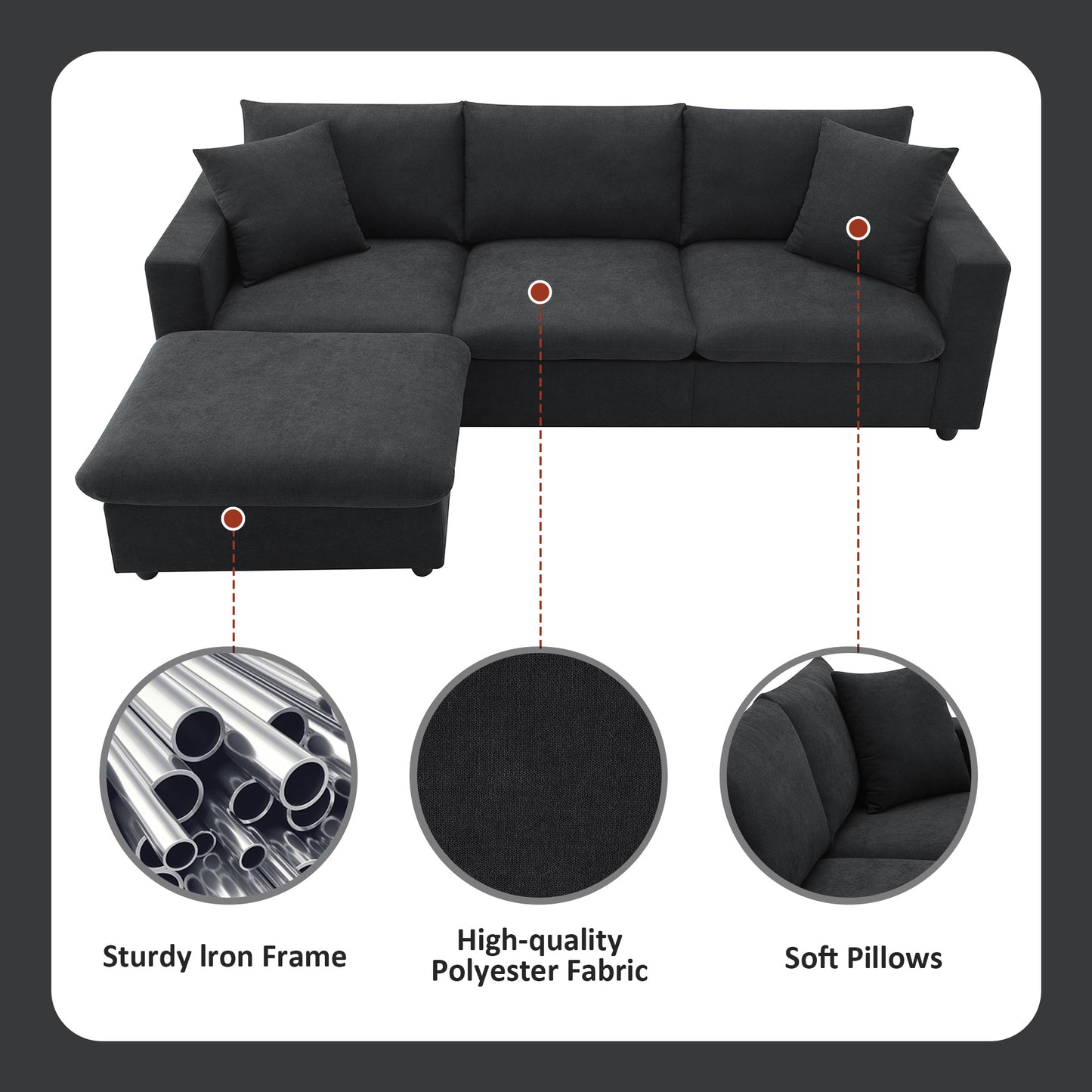 Dark gray sectional sofa with ottoman featuring polyester fabric upholstery and soft pillows