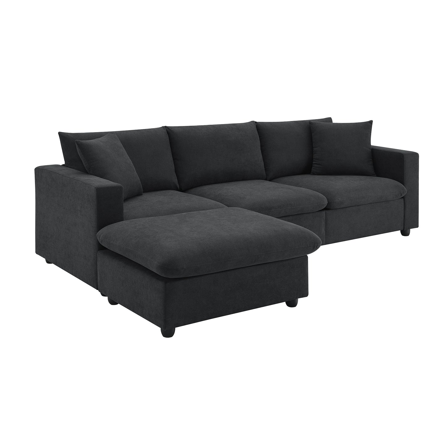 Dark charcoal sectional sofa with plush cushions and an ottoman perfect for modern living rooms