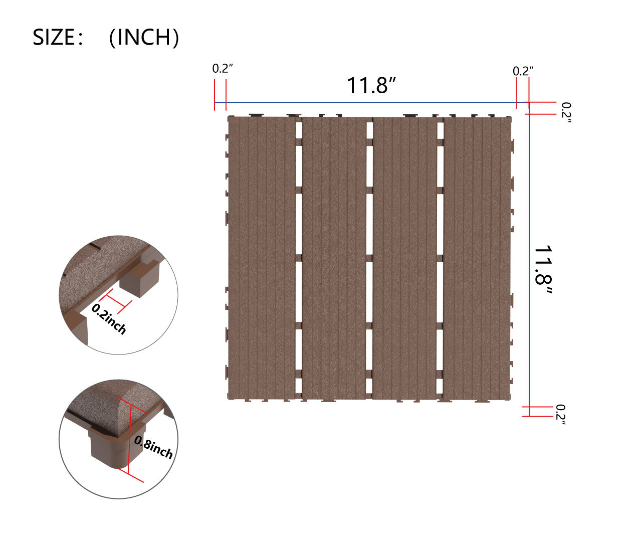 Brown inch interlocking deck tile with detailed dimensions shown