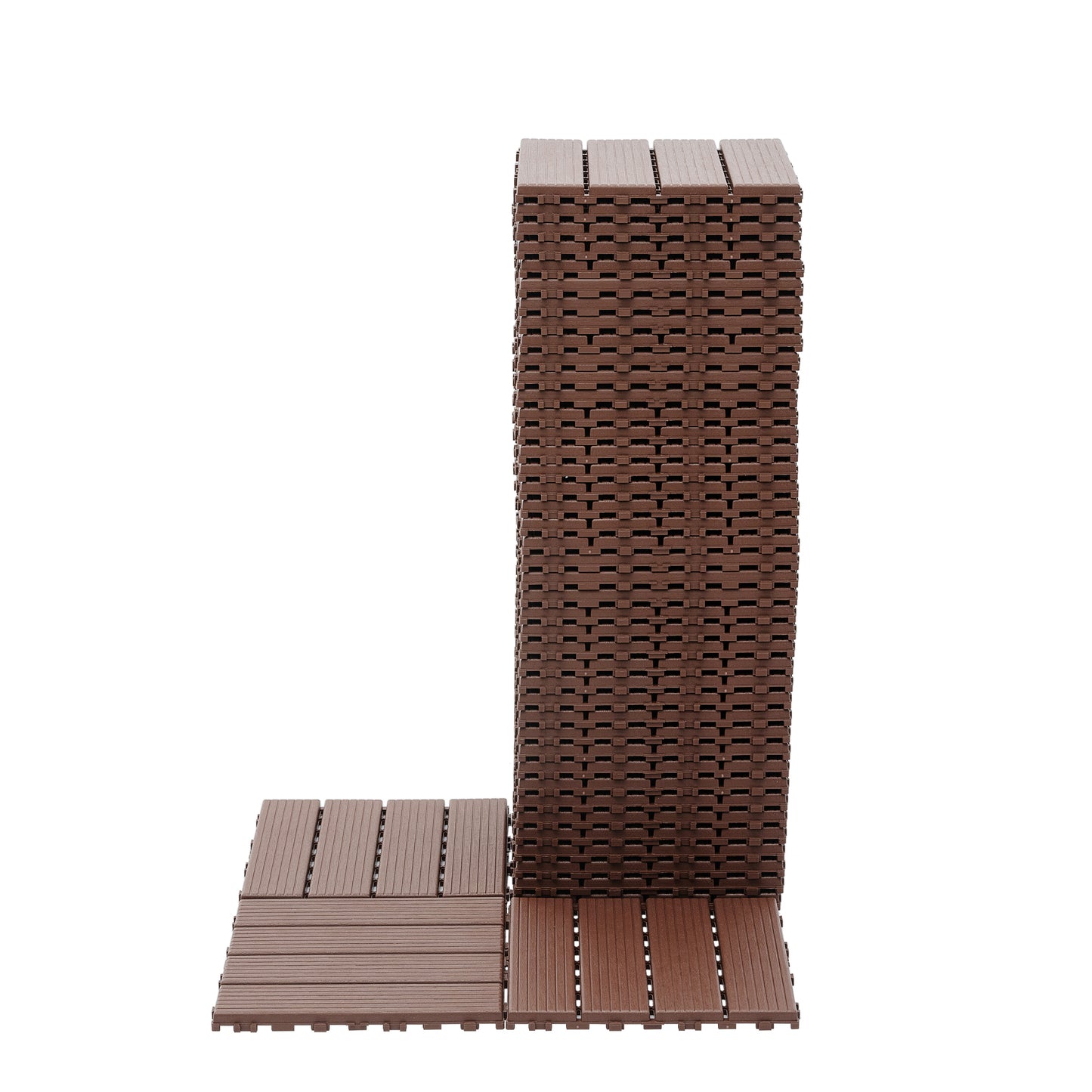 Stack of brown interlocking composite decking tiles for outdoor patios