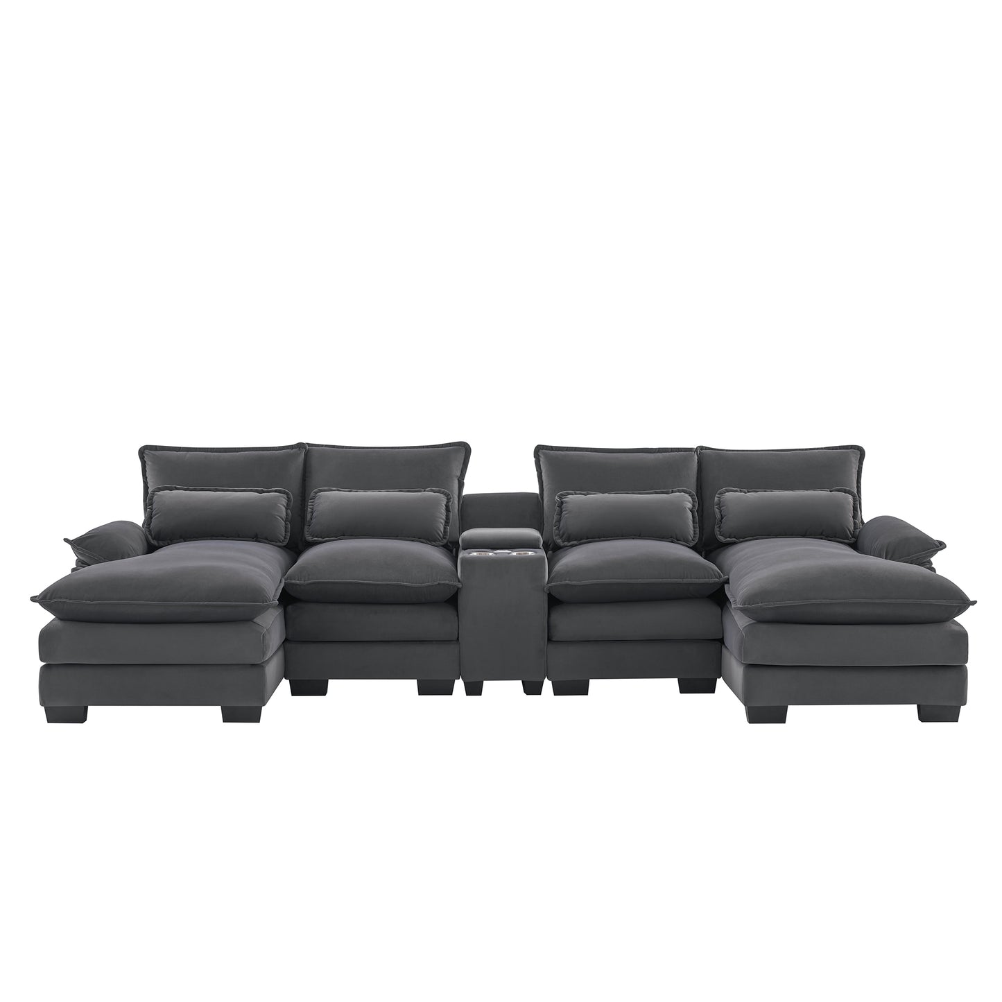 Dark gray velvet sectional sofa with chaise loungers and integrated cup holders