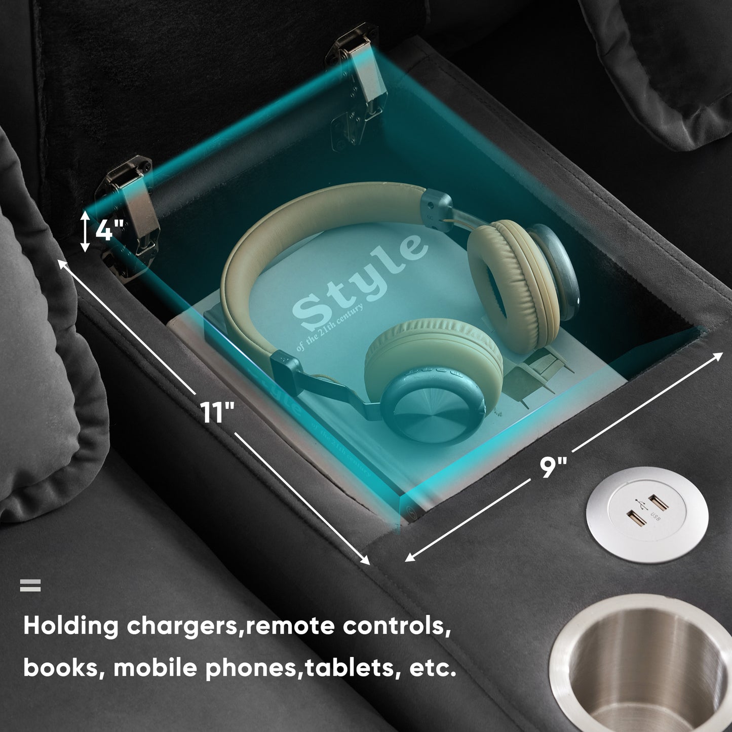 Gray sectional sofa storage compartment showing beige headphones on a book
