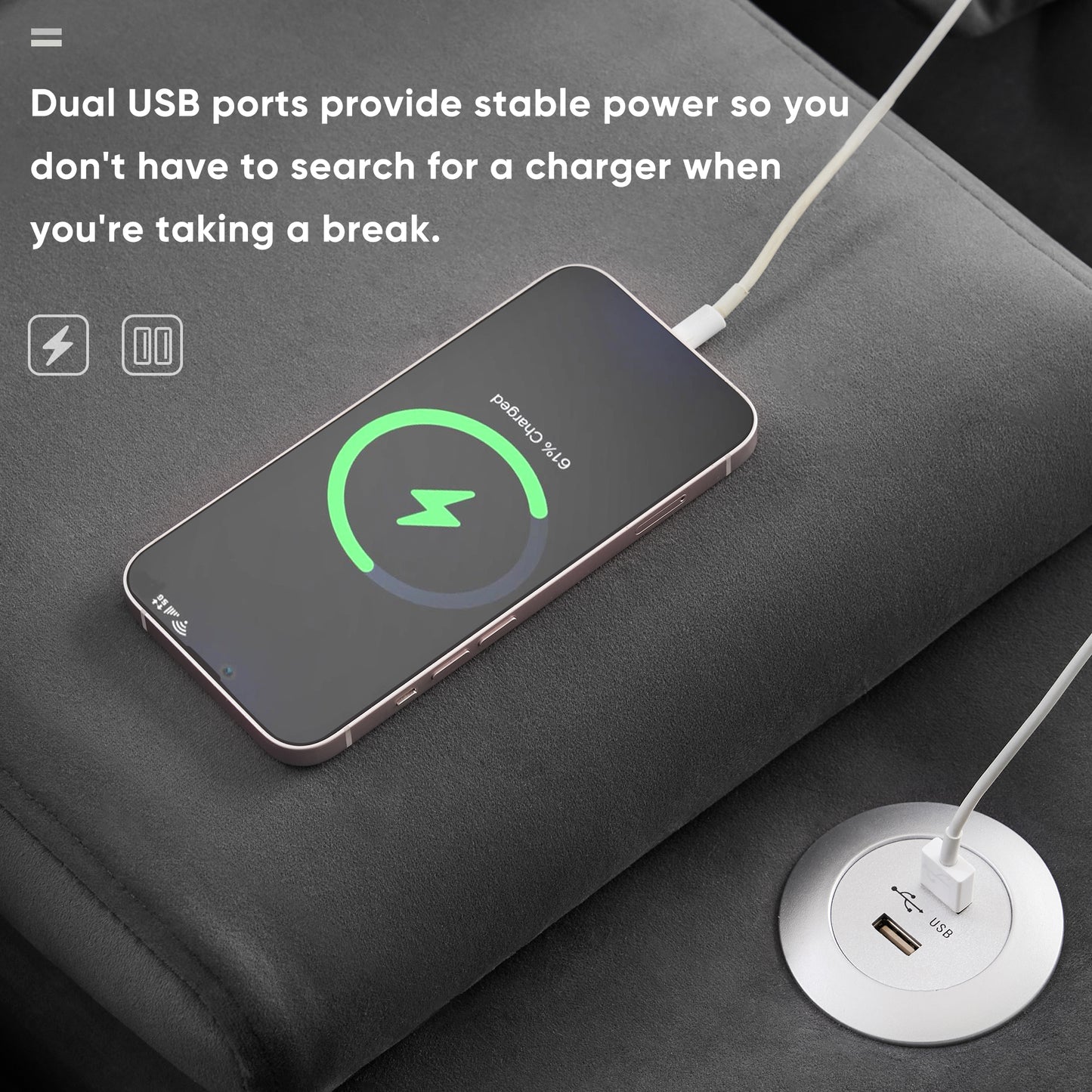 Silver flush mount dual USB charger outlet for furniture charging