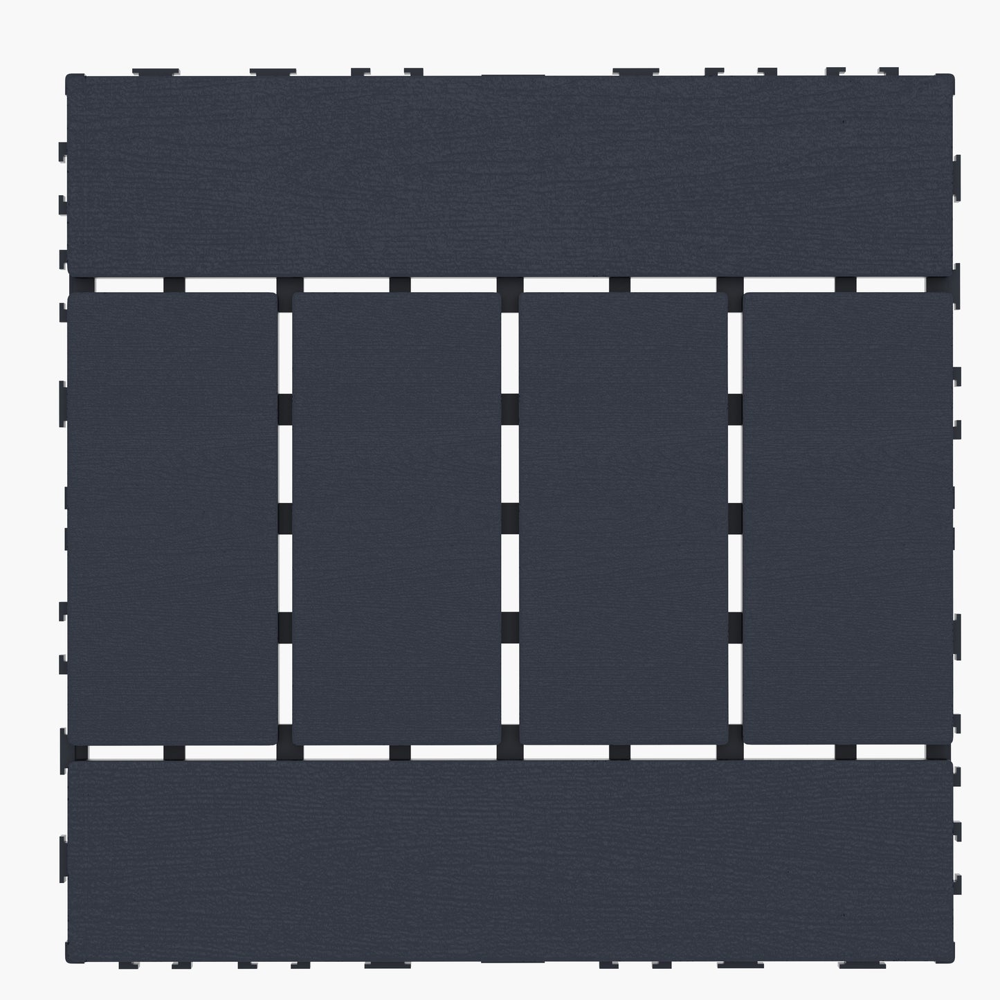 Dark gray interlocking deck tiles with a wood grain texture for patios