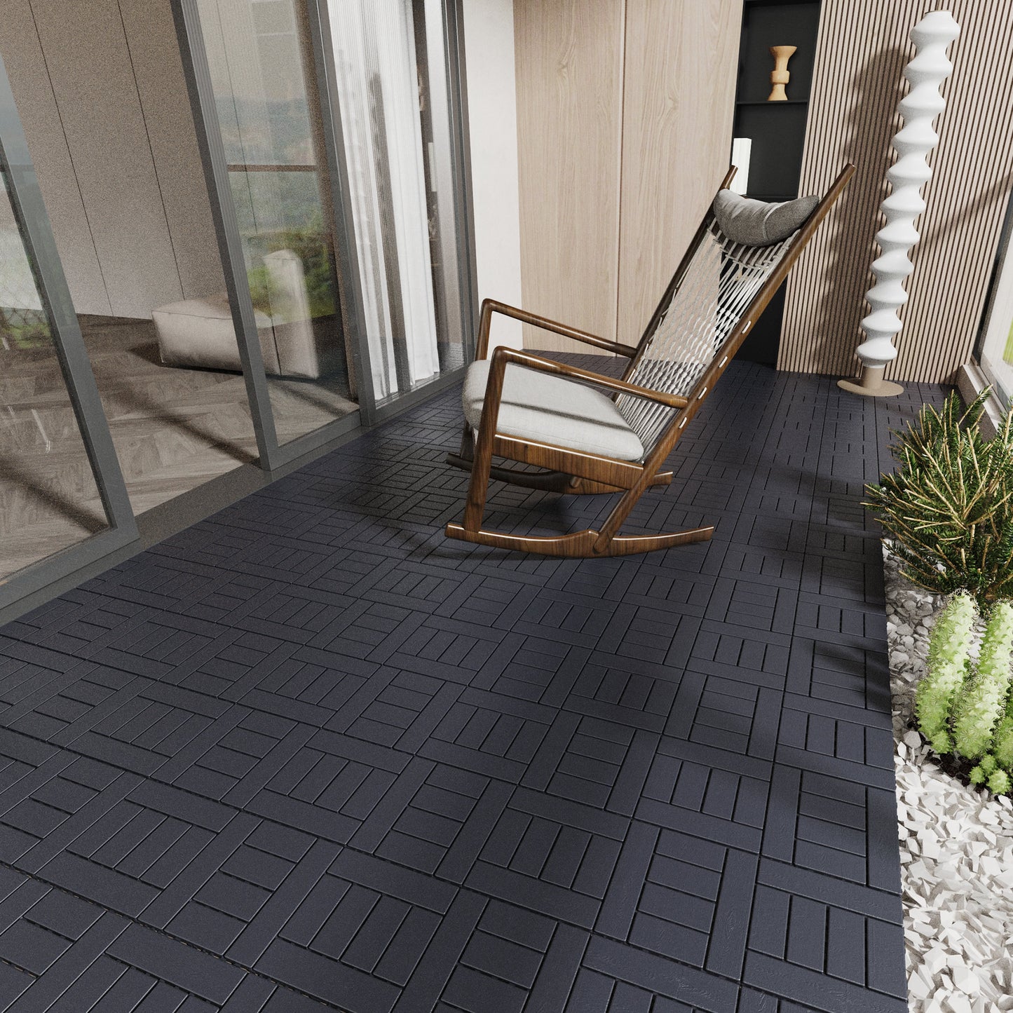 Dark grey interlocking deck tiles with a wood grain texture for outdoor spaces