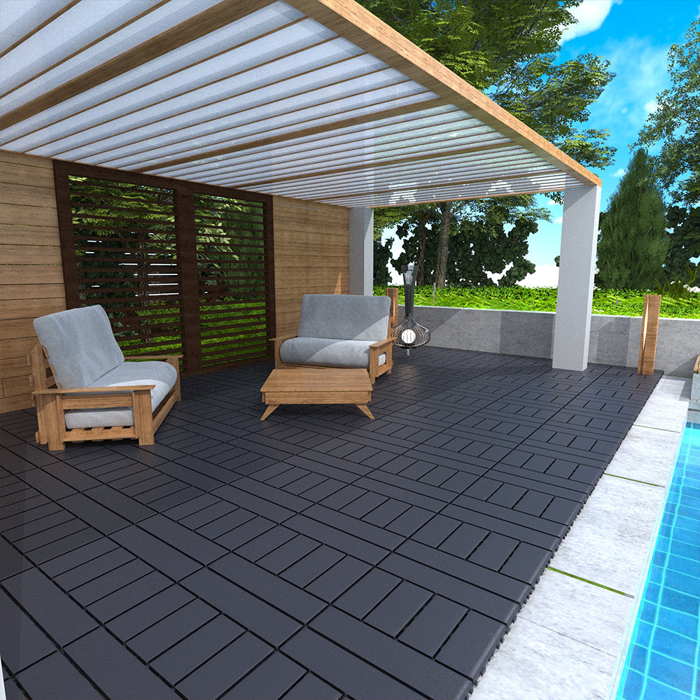 Modern wooden pergola with gray outdoor chairs and a coffee table