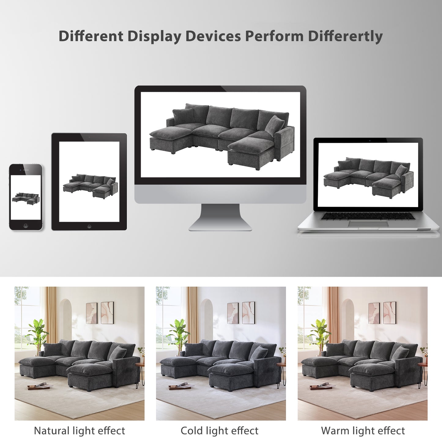 Dark gray plush sectional sofa with chaise lounges in natural light