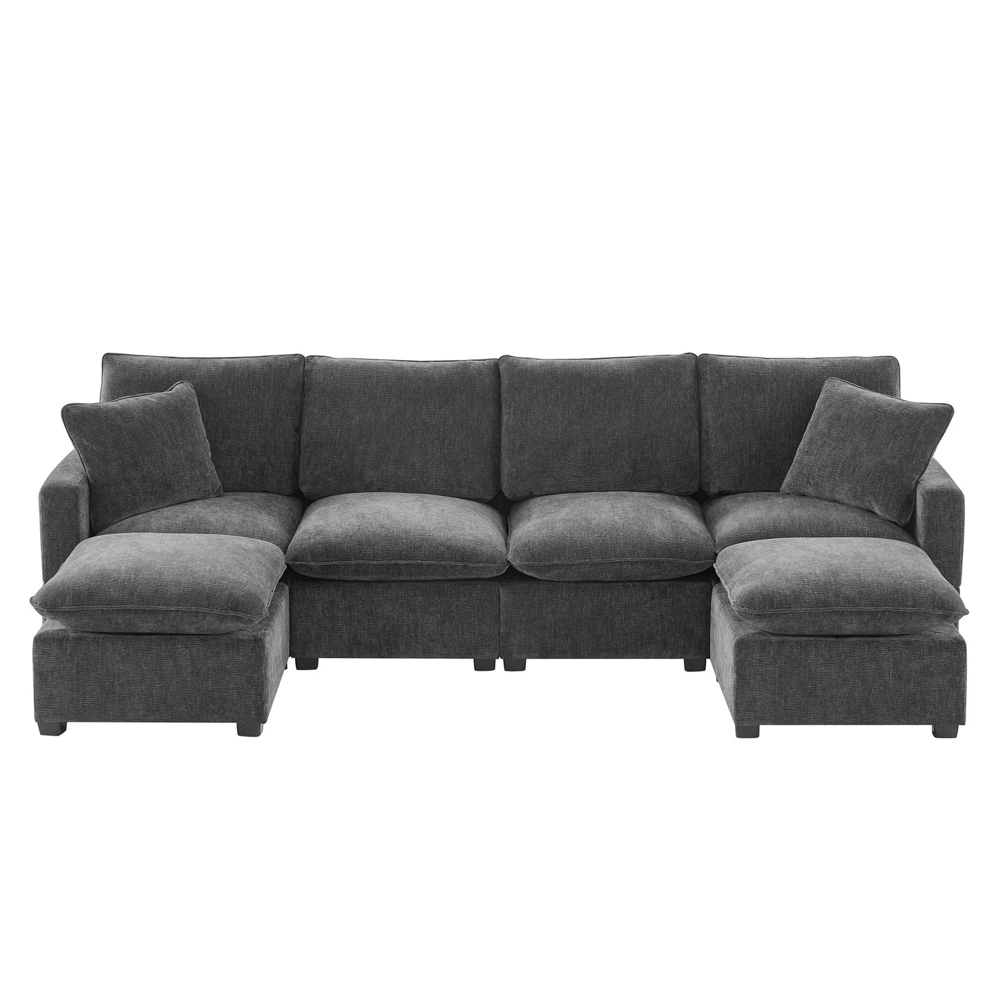 Dark gray fabric sectional sofa with plush cushions and two ottomans
