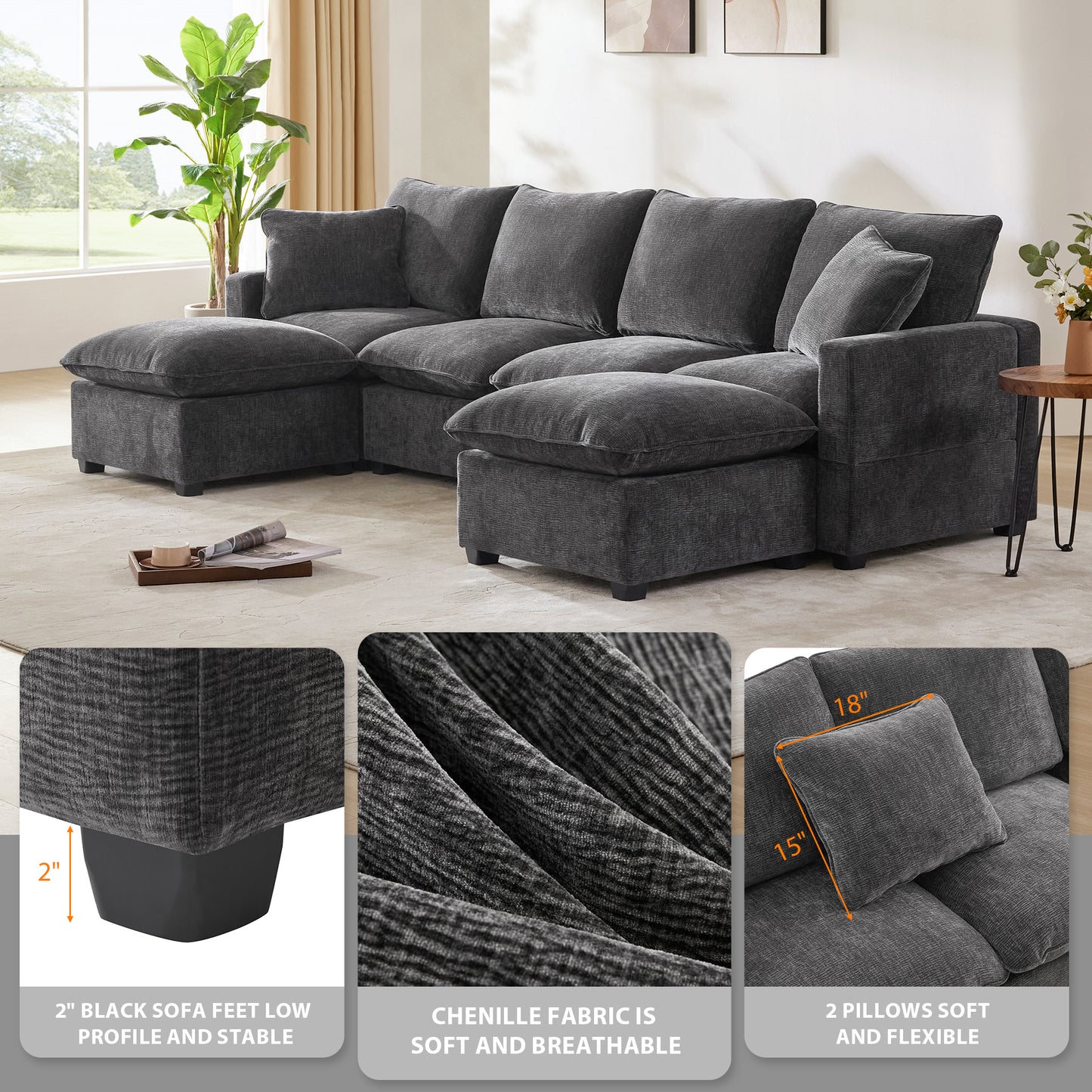 Dark gray chenille sectional sofa with plush cushions and chaise lounge