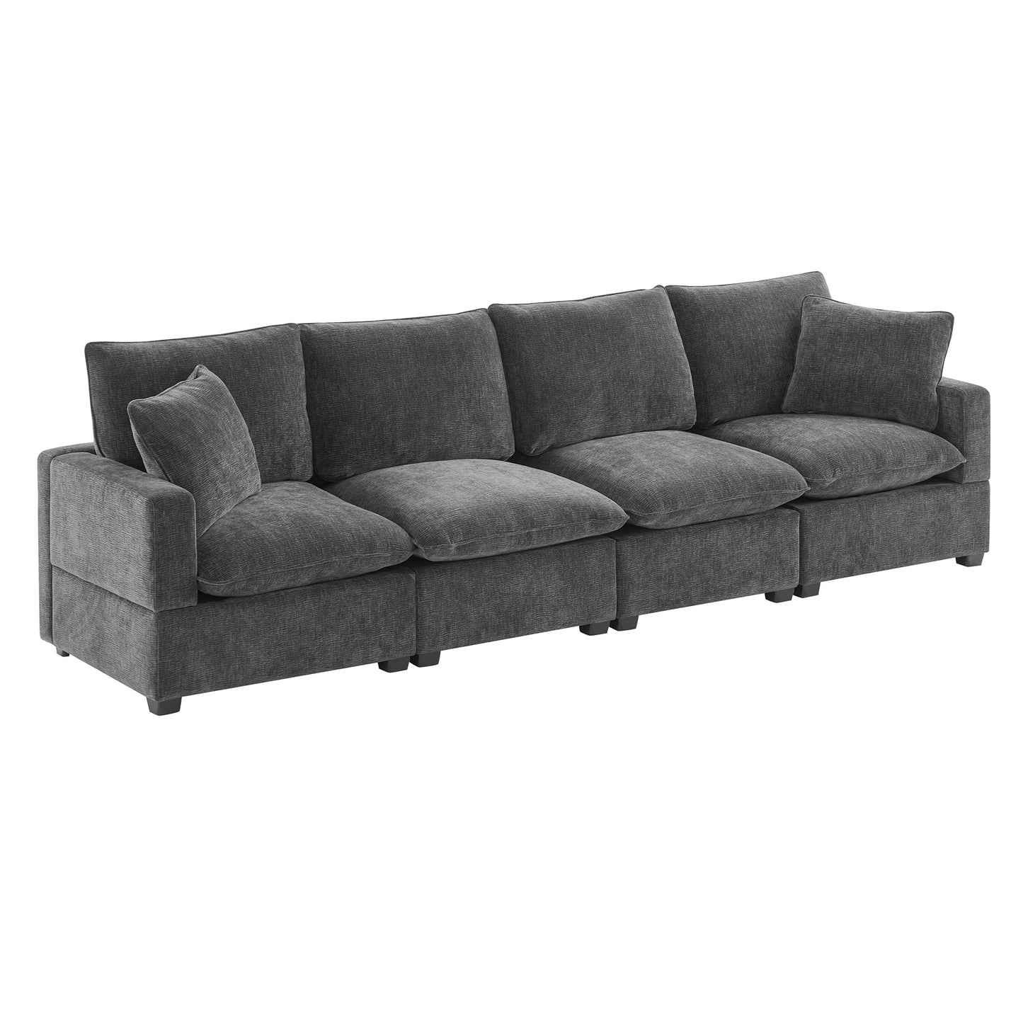 Dark gray textured fabric sectional sofa with plush cushions and matching throw pillow