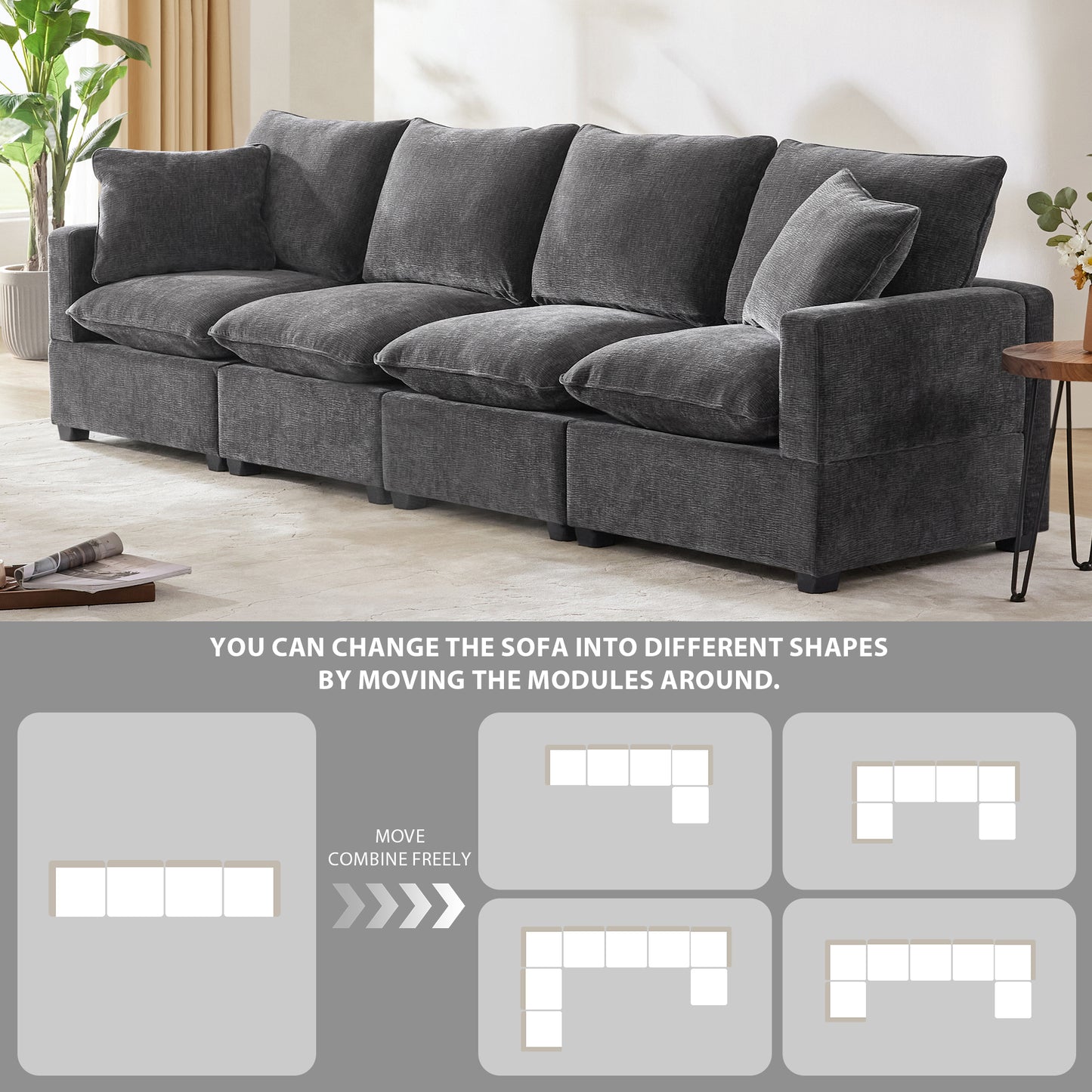 Dark gray sectional sofa with plush cushions and five movable modules