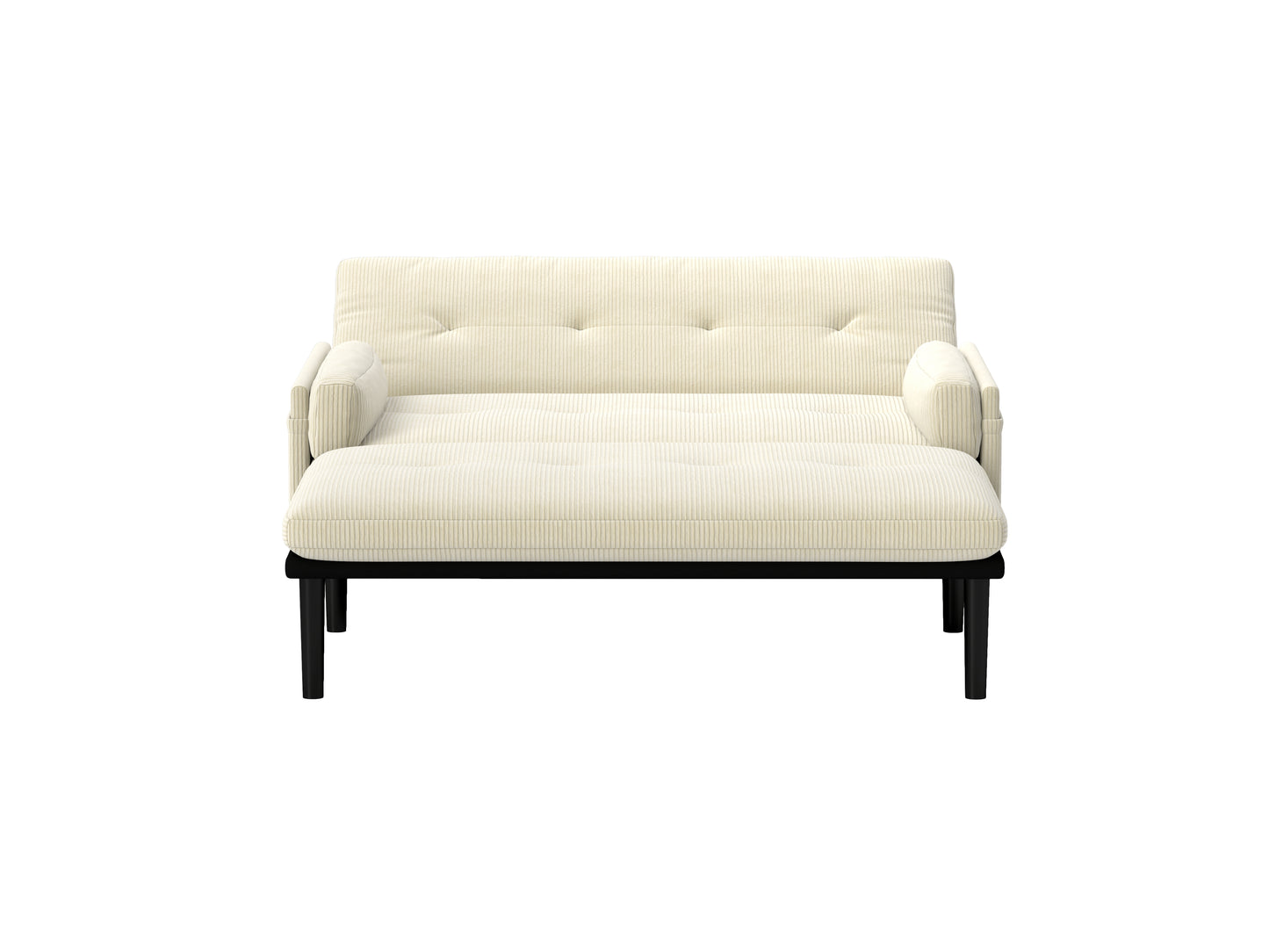 Cream corduroy sofa with tufted back and removable ottoman for stylish living room seating