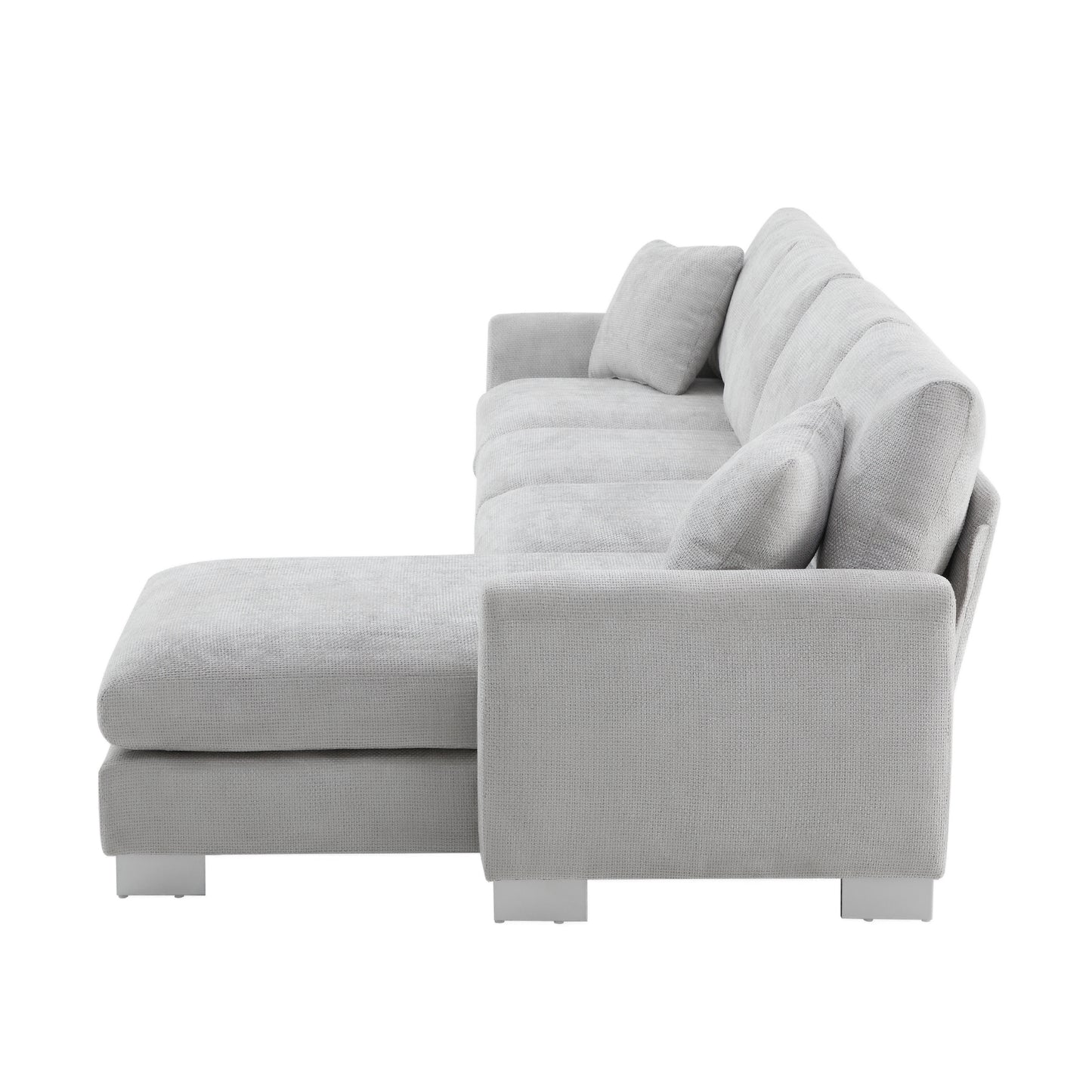 Light grey fabric sectional sofa with chaise lounge and plush cushions